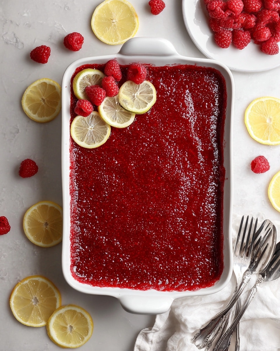 A rectangular white ceramic dish filled with a bright red, glossy raspberry topping that covers the entire surface evenly with a slightly textured look from the seeds. The top left corner of the dish is decorated with several fresh raspberries in a rich red shade and thin lemon slices that are pale yellow with a translucent peel. More fresh raspberries and lemon slices are scattered around the dish on a white marbled texture. To the right of the dish, two silver forks rest on the surface, and a white plate with extra fresh raspberries is partly visible. The scene is softly lit showing detailed texture on all elements. Photo taken with an iphone --ar 4:5 --v 7