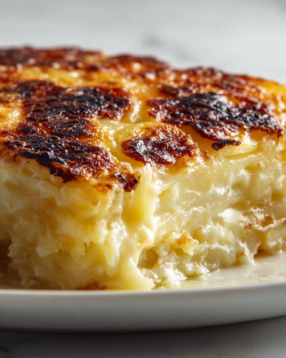 This close-up image shows a layered dish with two clear layers: the bottom layer consists of creamy, soft, pale yellow potatoes with a smooth and slightly glossy texture, while the top layer is a golden brown crust with darker charred spots, creating a rough and crispy surface. The layers appear thick and rich, with the crust slightly bubbling and the creamy potatoes visibly soft underneath. The dish is placed on a white plate against a white marbled background. photo taken with an iphone --ar 4:5 --v 7