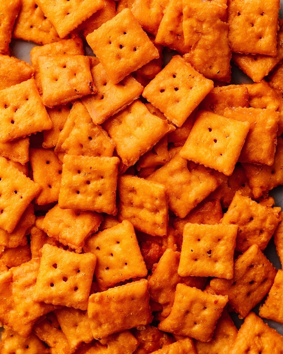 A close-up view of many small, square cheese crackers that are bright orange with a slightly rough texture, each piece having tiny holes in the center and wavy edges, stacked closely together with slight variations in color from lighter to darker orange, showing a crunchy surface and some uneven shapes, filling the entire frame with no plate or background visible except for a hint of white marbled texture. photo taken with an iphone --ar 4:5 --v 7