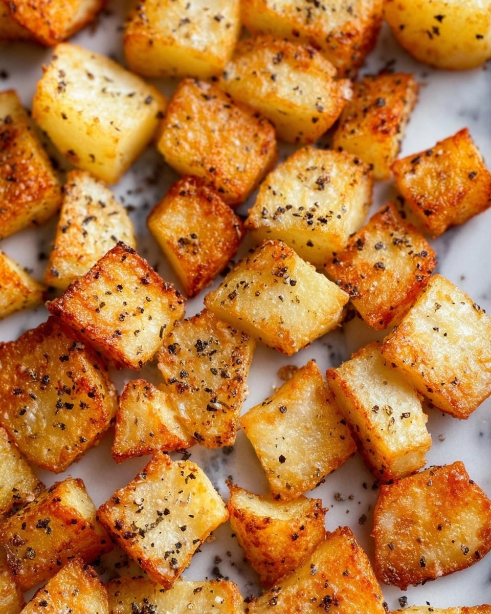 The image shows many small, square pieces of golden-brown fried potatoes scattered closely together on a white marbled surface. Each potato piece has a crispy, browned edge and a slightly lighter, soft center with a grainy texture. Black pepper bits are sprinkled on top of each piece, adding dark specks that contrast with the yellow and golden colors. The overall look is crunchy and appetizing with uneven edges and some darker spots from frying. photo taken with an iphone --ar 4:5 --v 7