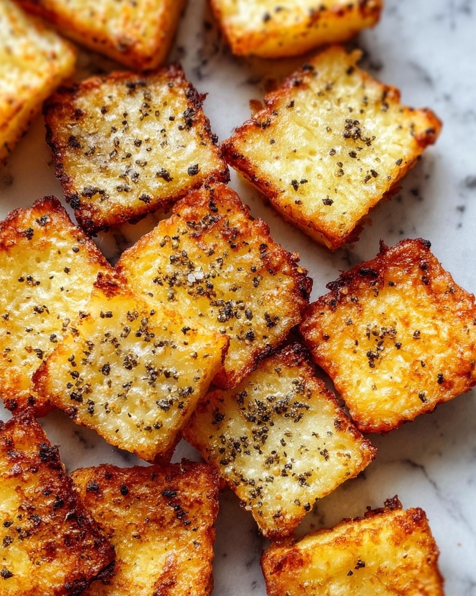 The image shows several small square pieces of golden-brown fried food with a crispy texture. Each piece has a light yellow center with a browned, slightly crunchy edge, sprinkled with black pepper. They are laid close together on a white marbled surface, creating a warm and appetizing look. photo taken with an iphone --ar 4:5 --v 7