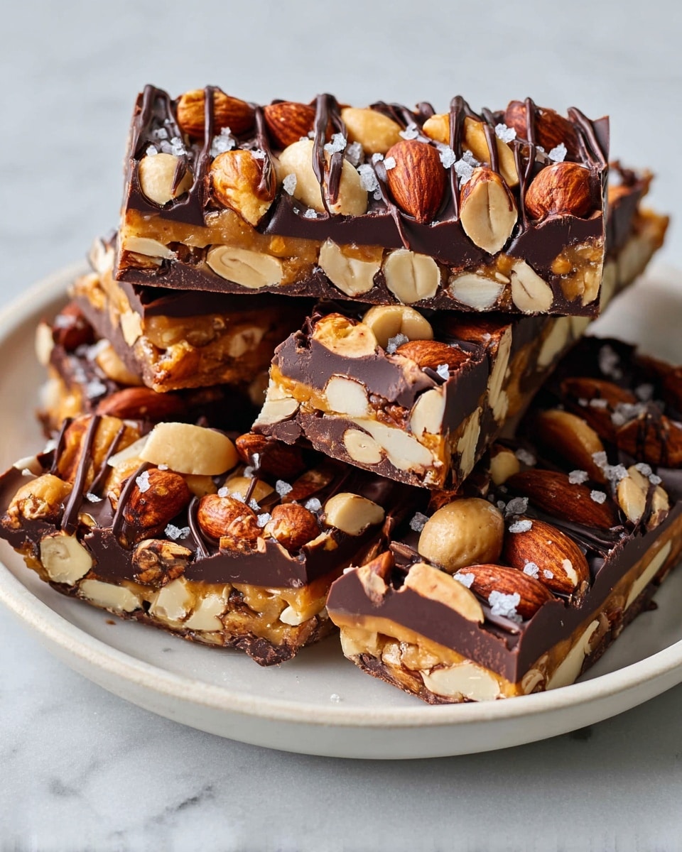 The image shows several rectangular nut bars stacked on a white plate on a white marbled surface. Each bar has two visible layers: the bottom layer is smooth dark chocolate, thick and even, while the top layer is filled with whole and halved almonds and peanuts held together with a sticky golden syrup. Dark chocolate is drizzled in thin stripes over the nuts on top, and a few grains of coarse salt are scattered over the surface, adding texture and contrast. The bars are slightly glossy, highlighting the nuts and chocolate. photo taken with an iphone --ar 4:5 --v 7