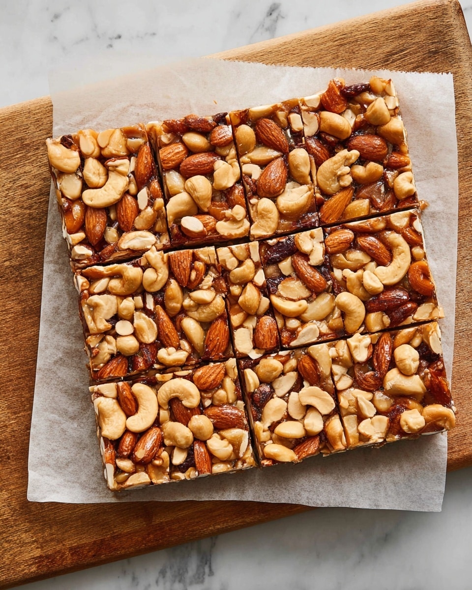 A square nut bar made with one thick layer of mixed nuts including whole almonds, cashews, and peanuts, all tightly packed together with a shiny coating that holds them in place, cut into eight rectangular pieces with visible clean slices. The bar is laid on white parchment paper which rests on a wooden cutting board, all set on a white marbled surface. The nuts show a mix of golden brown and light tan colors, creating a textured and crunchy appearance. photo taken with an iphone --ar 4:5 --v 7
