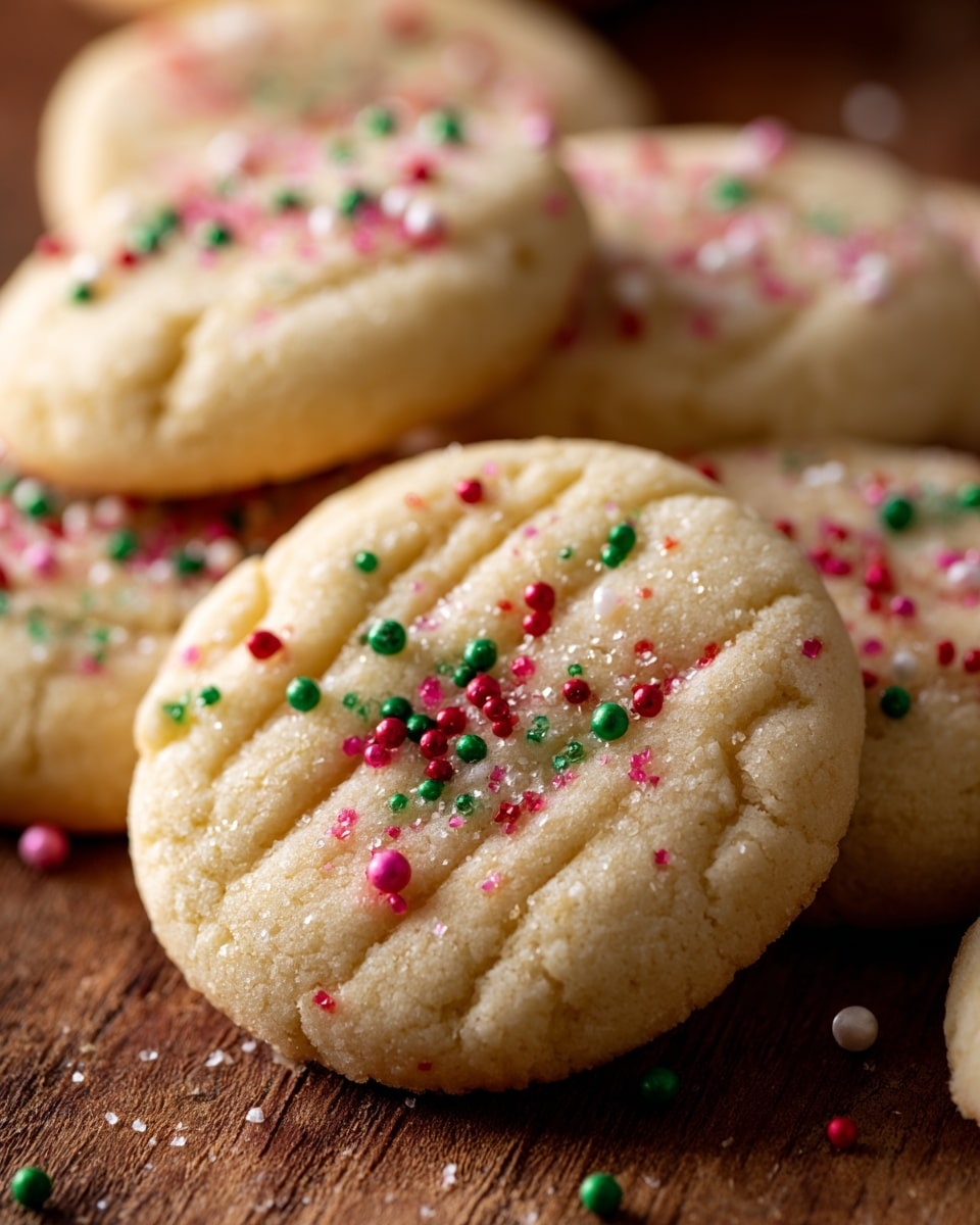 The image shows a close-up of soft, round sugar cookies with a pale yellow color. Each cookie has three shallow fork marks on top, pressed gently into the surface, and they are sprinkled with small round red, green, pink, and white sugar beads that add a festive touch. The cookies are arranged in a slightly overlapping line on a wooden surface with warm brown tones, and the focus is mainly on the front cookie, making the ones behind slightly blurred. photo taken with an iphone --ar 4:5 --v 7