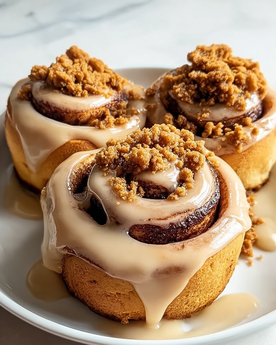 Three cinnamon rolls sit on a white plate, each roll swirled with a dark brown cinnamon layer inside a golden-brown dough base. The cinnamon rolls are topped with a thick, smooth beige glaze that drips slightly down the sides. On top of the glaze, there are clusters of crumbly, light brown streusel pieces adding texture and contrast. The white plate rests on a white marbled surface with a soft light highlighting the creamy glaze and the warm tones of the rolls. photo taken with an iphone --ar 4:5 --v 7