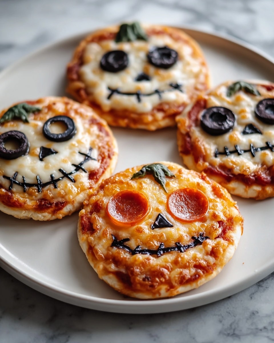 Four small round mini pizzas are placed on a white plate with a white marbled texture underneath. One pizza in front looks like a pumpkin face with two round orange pepperoni slices as eyes, a small triangular piece of dark pepperoni as the nose, and a curved mouth made from burnt pepperoni strips. It has a golden-brown melted cheese layer with a slightly crispy crust. The other three pizzas have faces made with melted white cheese on top for the base layer, black olive slices for eyes, nose, and mouth in smiley, stitched, and skull-like designs, with some greenish spinach leaves on the top edges to look like pumpkin stems. The cheese is melted and bubbly with a reddish tomato sauce underlying. photo taken with an iphone --ar 4:5 --v 7