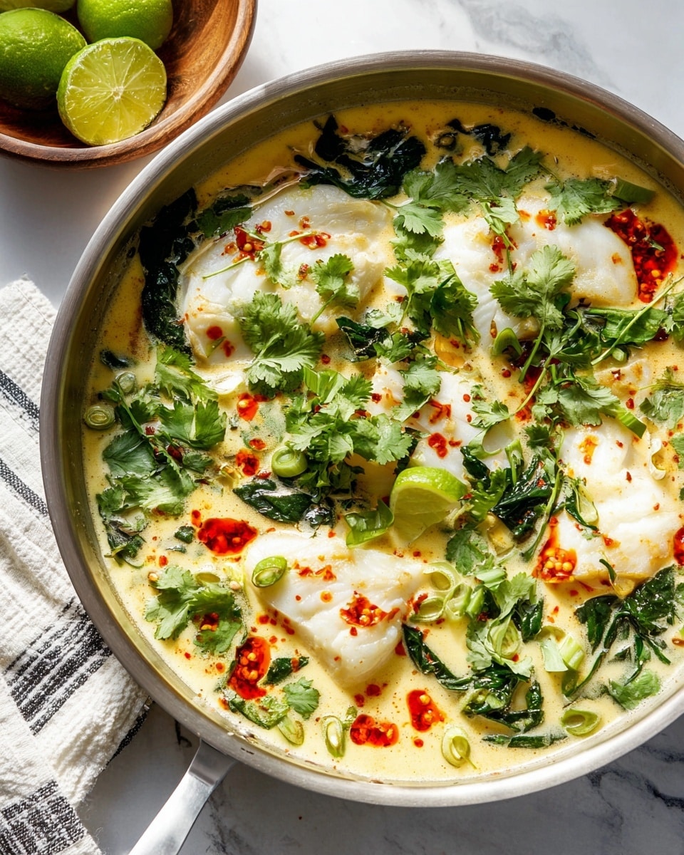 The dish is shown in a metal pan filled with a creamy light yellow broth as the base layer, with several large white fish fillets partially submerged in the broth. Scattered on top and throughout are dark green leafy spinach pieces and light green sliced scallions. Bright red chili oil is drizzled over the surface in irregular patterns, adding vibrant color. Fresh cilantro leaves are sprinkled generously on top, giving a fresh green contrast. The pan sits on a white marbled texture, with a white and black striped cloth nearby and halved green limes in a wooden bowl in the background. Photo taken with an iphone --ar 4:5 --v 7