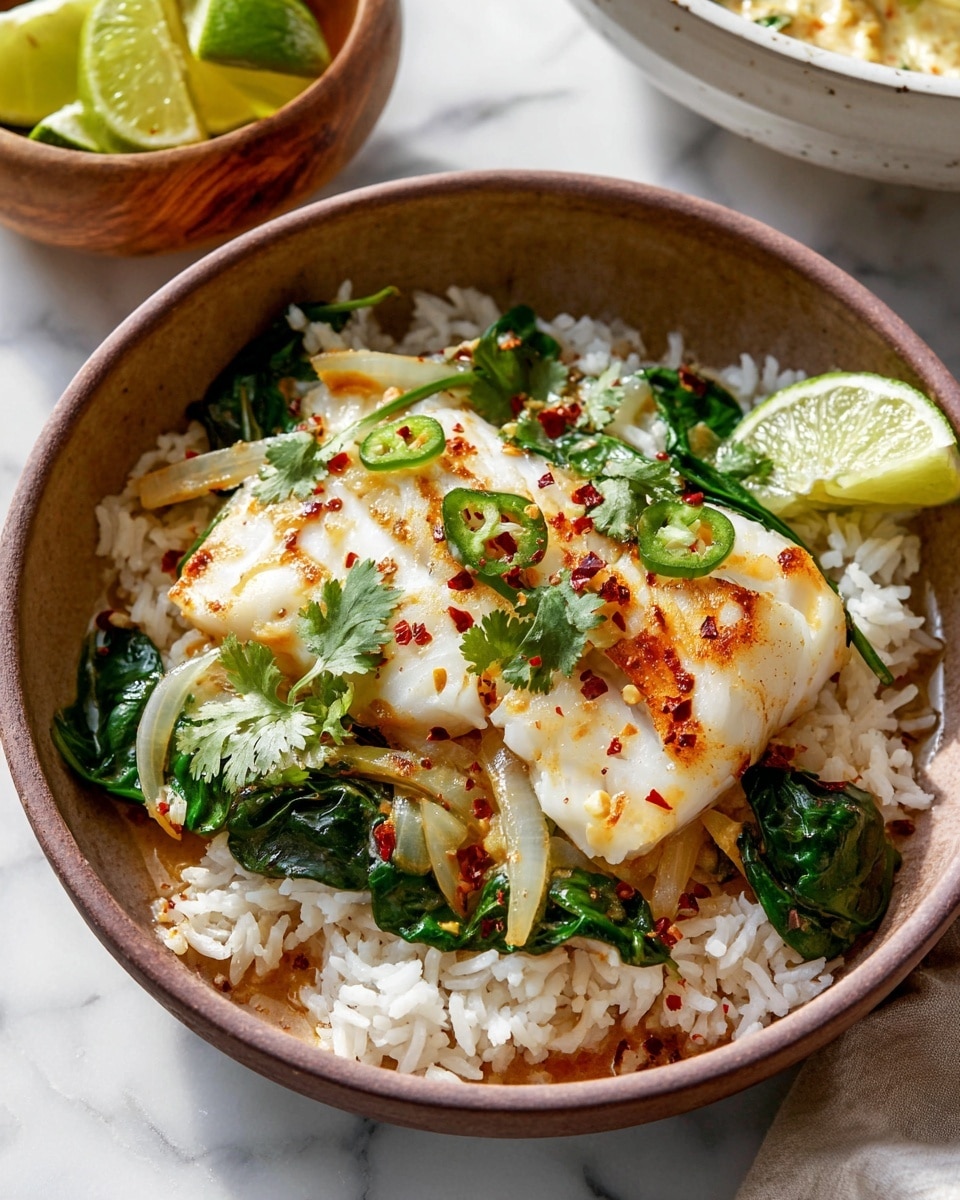 A brown bowl sits on a white marbled surface, filled with a base layer of fluffy white rice. On top of the rice is a thick, tender piece of white fish that has been lightly grilled, showing a few golden-brown marks. Around and on the fish are wilted dark green spinach leaves and translucent, soft cooked onion slices. The fish and vegetables are garnished with small green chili slices, fresh bright green cilantro leaves, and red chili flakes scattered over the top. A fresh lime wedge rests inside the bowl at the edge, adding a pop of light green color. In the background, a wooden bowl holds more lime wedges, and a glimpse of a white bowl with a creamy dish is visible. The photo taken with an iphone --ar 4:5 --v 7