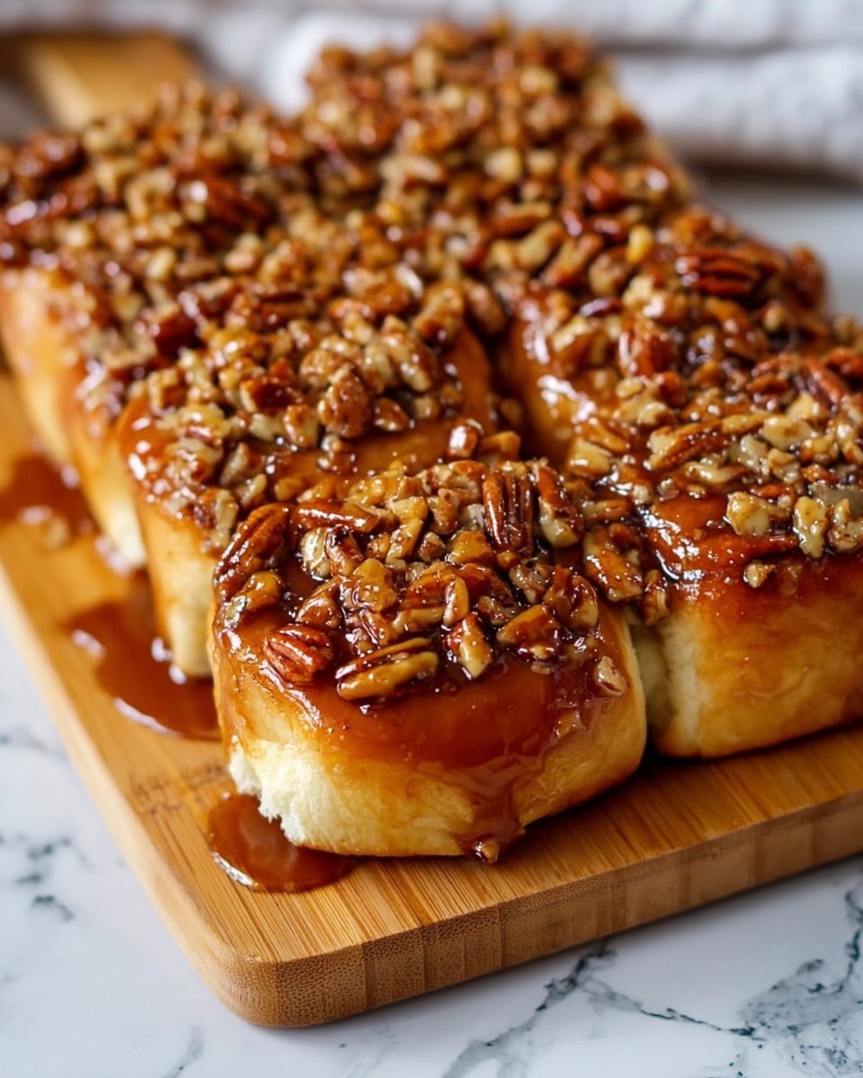 The image shows a close-up of a group of sticky pecan rolls arranged side by side on a wooden board placed on a white marbled texture surface. Each roll has a soft, golden-brown base with a shiny caramel glaze on top. The top layer is thickly covered with roughly chopped pecans, giving a crunchy texture, with the caramel glaze glistening around them. The sticky, rich caramel seeps slightly down the sides, making the rolls look moist and delicious. Photo taken with an iphone --ar 4:5 --v 7
