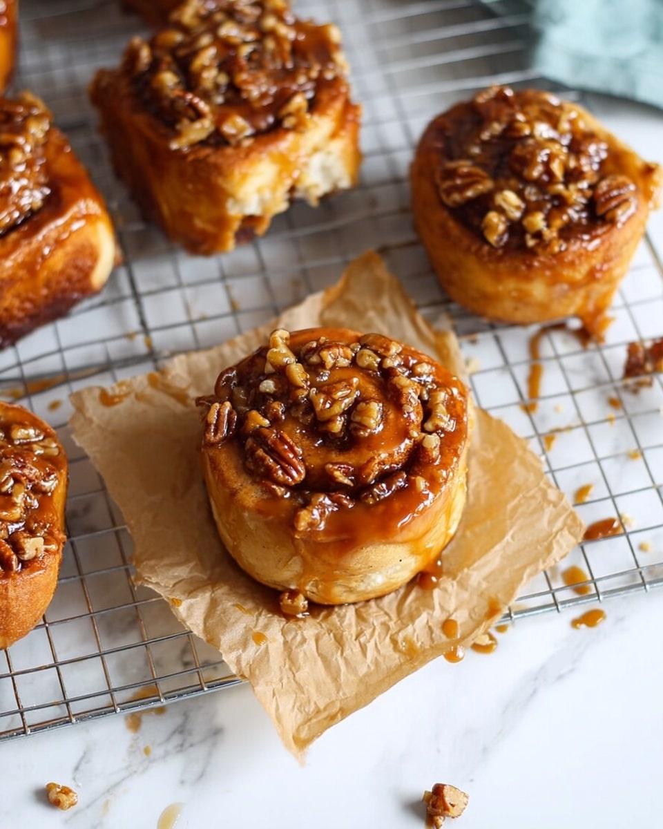 A close-up view of soft, golden-brown cinnamon rolls topped with a thick layer of glossy caramel sauce that drips slightly down the sides, covered with chunky, toasted pecans scattered unevenly across the top. The rolls have a light tan base with swirls showing underneath the caramel, giving texture to the soft dough. One roll is placed on a crinkled piece of brown parchment paper in the center, while several others rest on a metal cooling rack on a white marbled surface, with some caramel and nuts fallen around. The scene is bright with natural light, highlighting the sticky, glossy topping. Photo taken with an iphone --ar 4:5 --v 7