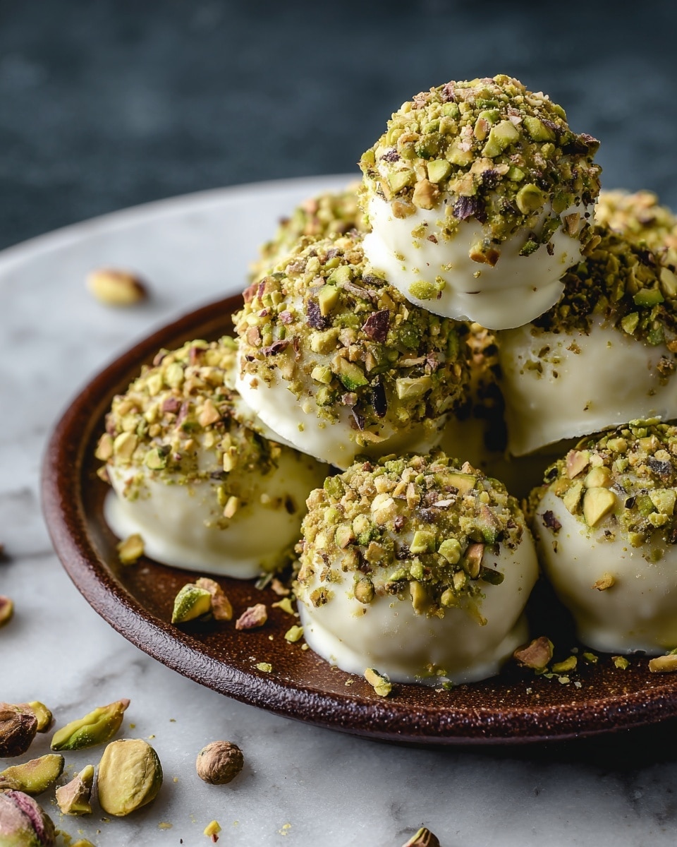 There are seven round white chocolate truffles covered with chopped green pistachio nuts. Each truffle is smooth and creamy white with a rough texture of small pistachio pieces neatly covering the top and sides. The truffles sit closely together on a dark brown plate with a few scattered pistachio nuts around them. The plate is placed on a white marbled surface, creating a clean and bright background. Photo taken with an iphone --ar 4:5 --v 7