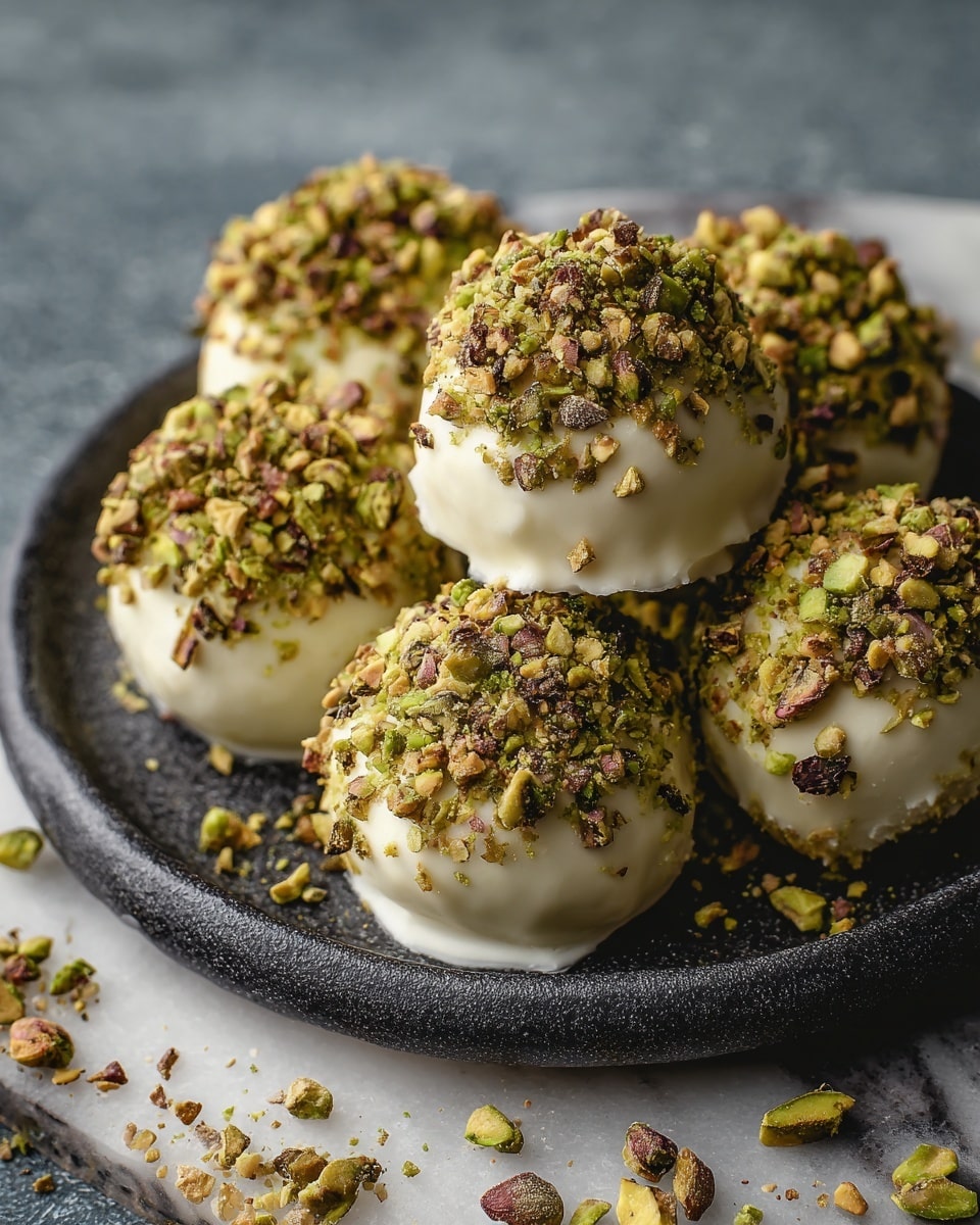 The image shows a group of round sweets, each covered in smooth white coating and topped with a generous layer of chopped green and brown pistachio nuts, giving a crunchy texture. The sweets are placed closely together on a dark plate that contrasts with the white coating. The plate sits on a white marbled surface scattered with extra chopped pistachios around it, adding a natural touch. The sweets have a soft, creamy look under the rough, nutty top layer. photo taken with an iphone --ar 4:5 --v 7