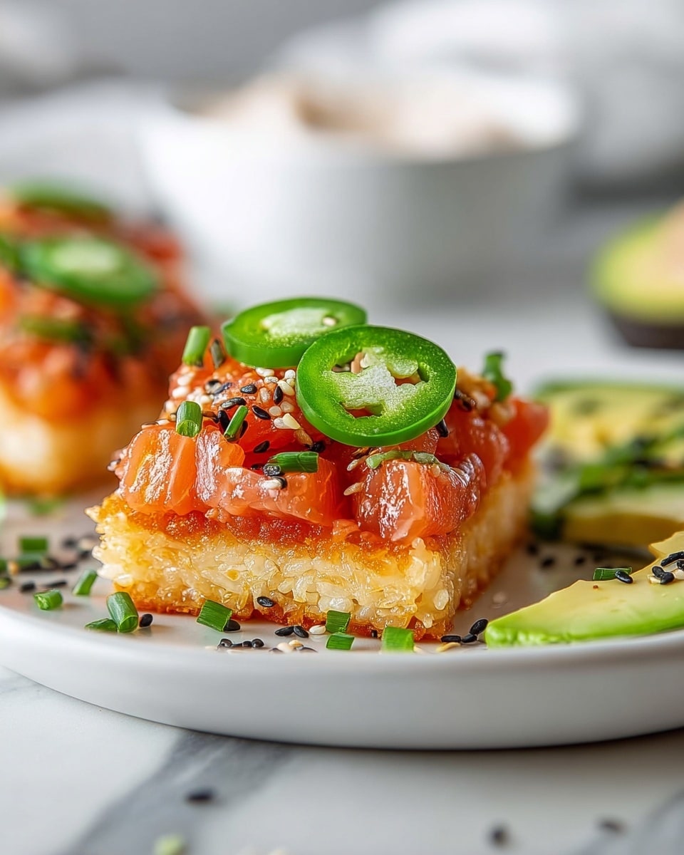 A close-up of a small square dish with three visible layers: the bottom layer is a golden brown crispy rice base with a crunchy texture, the middle layer is a mix of finely chopped raw salmon pieces in a bright orange-red sauce, topped with small black sesame seeds and tiny green chives, and the top layer consists of three round slices of fresh green jalapeño peppers placed on the salmon. The dish is placed on a white plate on a white marbled surface, with some sliced avocado and black sesame seeds scattered around the plate for decoration. In the blurred background, a white bowl with a creamy dip is visible. photo taken with an iphone --ar 4:5 --v 7