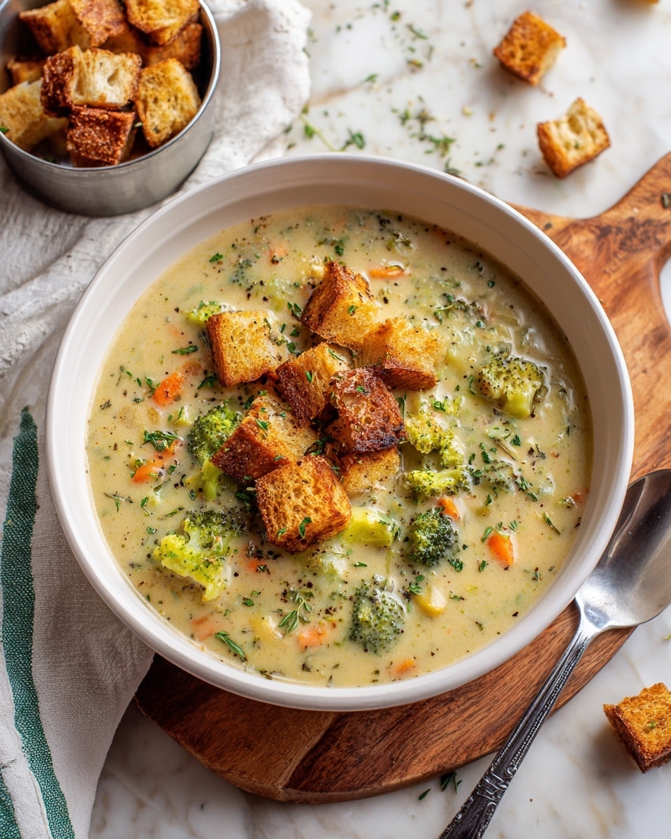 A white bowl filled with creamy soup that has visible green broccoli pieces, small orange carrot slices, and bits of herbs mixed throughout. The soup has a light beige color with a smooth texture. On top of the soup, there is a pile of golden brown, crispy croutons, sprinkled with fresh green herbs. The bowl is placed on a wooden board, sitting on a white marbled textured surface. Nearby, there is a small metal bowl filled with more croutons and a spoon lying on the surface. A white cloth with green stripes is casually placed behind the bowl. Photo taken with an iphone --ar 4:5 --v 7