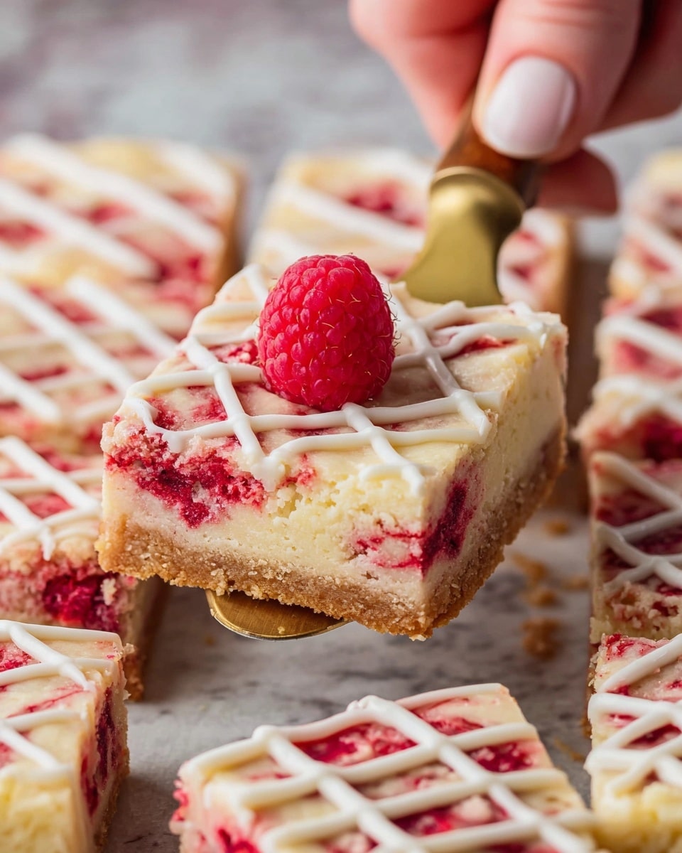 A close-up of a square piece of raspberry dessert with three distinct layers: a light brown crust at the bottom, a creamy pale yellow middle layer with embedded red raspberry swirls, and a top layer featuring a drizzle of white icing in a grid pattern. The piece is held by a gold spatula with a wooden handle, and a single fresh red raspberry sits on top, adding color contrast. The dessert is surrounded by more cut squares on a surface with a white marbled texture, and a woman's hand grips the spatula above. Photo taken with an iphone --ar 4:5 --v 7