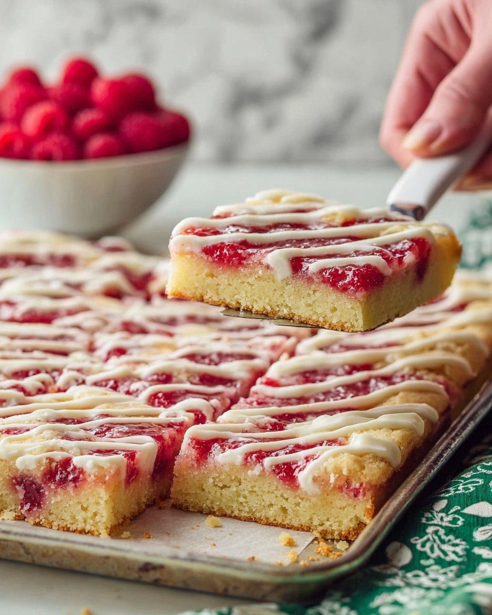 The image shows a rectangular dessert bar with three visible layers: the bottom layer is a thick, golden-brown crust with a crumbly texture, the middle layer is a soft, light yellow cake, and the top layer is a bright red raspberry jam spread unevenly, topped with white drizzle icing in thin, crisscross lines. A woman's hand with a white-handled spatula lifts one square piece from the tray, revealing the layers clearly. The bars are cut into square pieces and placed on a lined metal baking tray, with a bowl of fresh red raspberries and a green and white patterned cloth in the blurred white marbled background. Photo taken with an iphone --ar 4:5 --v 7
