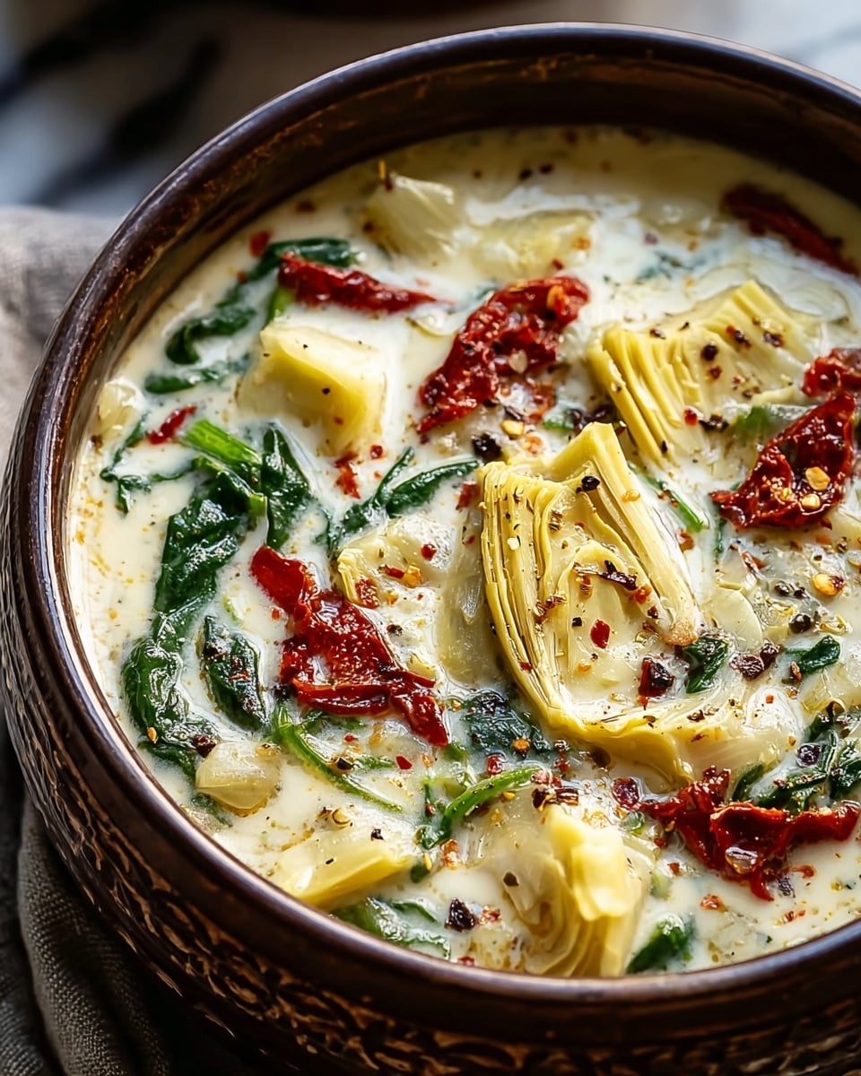 A close-up image of a creamy white soup in a dark brown bowl with a textured pattern, filled with layers of light yellow artichoke hearts, vibrant green spinach leaves, and deep red sun-dried tomatoes floating in the thick broth. The soup is sprinkled with black pepper and red chili flakes, giving small black and red specks on the surface. The bowl sits on a white marbled texture with a gray cloth partially visible under it. photo taken with an iphone --ar 4:5 --v 7