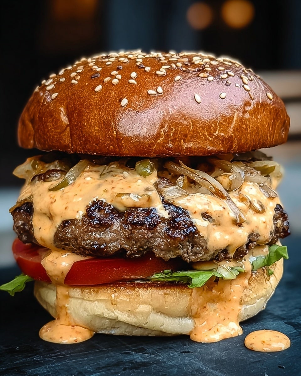 A close-up of a juicy burger with five main layers: the top is a shiny, golden brown sesame seed bun, underneath it is a creamy orange sauce with bits of cooked onions mixed in, below the sauce is a thick grilled beef patty with a slightly charred texture, under the patty is a slice of red tomato, and the bottom is a soft, light brown toasted bun. The burger is resting on a dark surface with a drop of sauce dripping down the front. photo taken with an iphone --ar 4:5 --v 7