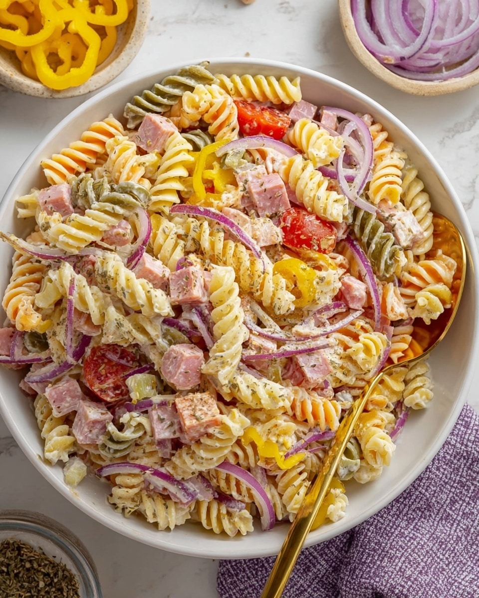 A large white bowl is filled with a colorful pasta salad made of orange, green, and beige spiral rotini pasta mixed with chopped pieces of pale yellow cheese, yellow banana pepper rings, thin slices of purple onion, red cherry tomato halves, and small chunks of pink ham and marbled salami. The ingredients are coated lightly with a creamy dressing, and the whole dish is sprinkled with dried herbs. A gold fork rests inside the bowl on the right side, and a white marbled surface is visible underneath with bowls holding additional banana pepper rings and purple onion slices nearby. Photo taken with an iphone --ar 4:5 --v 7