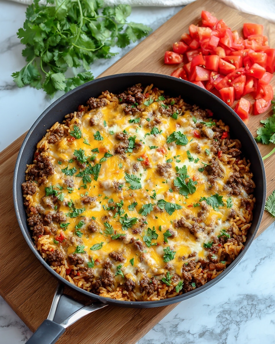 A black pan filled with three main layers: the bottom layer is cooked rice with slight golden color and some red tomato pieces; the middle layer is brown cooked ground beef mixed throughout; the top layer is melted yellow and white cheese scattered unevenly over the beef and rice, garnished with fresh green cilantro leaves. The pan sits on a wooden board with chopped tomatoes and green cilantro on the side, all placed on a white marbled texture. photo taken with an iphone --ar 4:5 --v 7