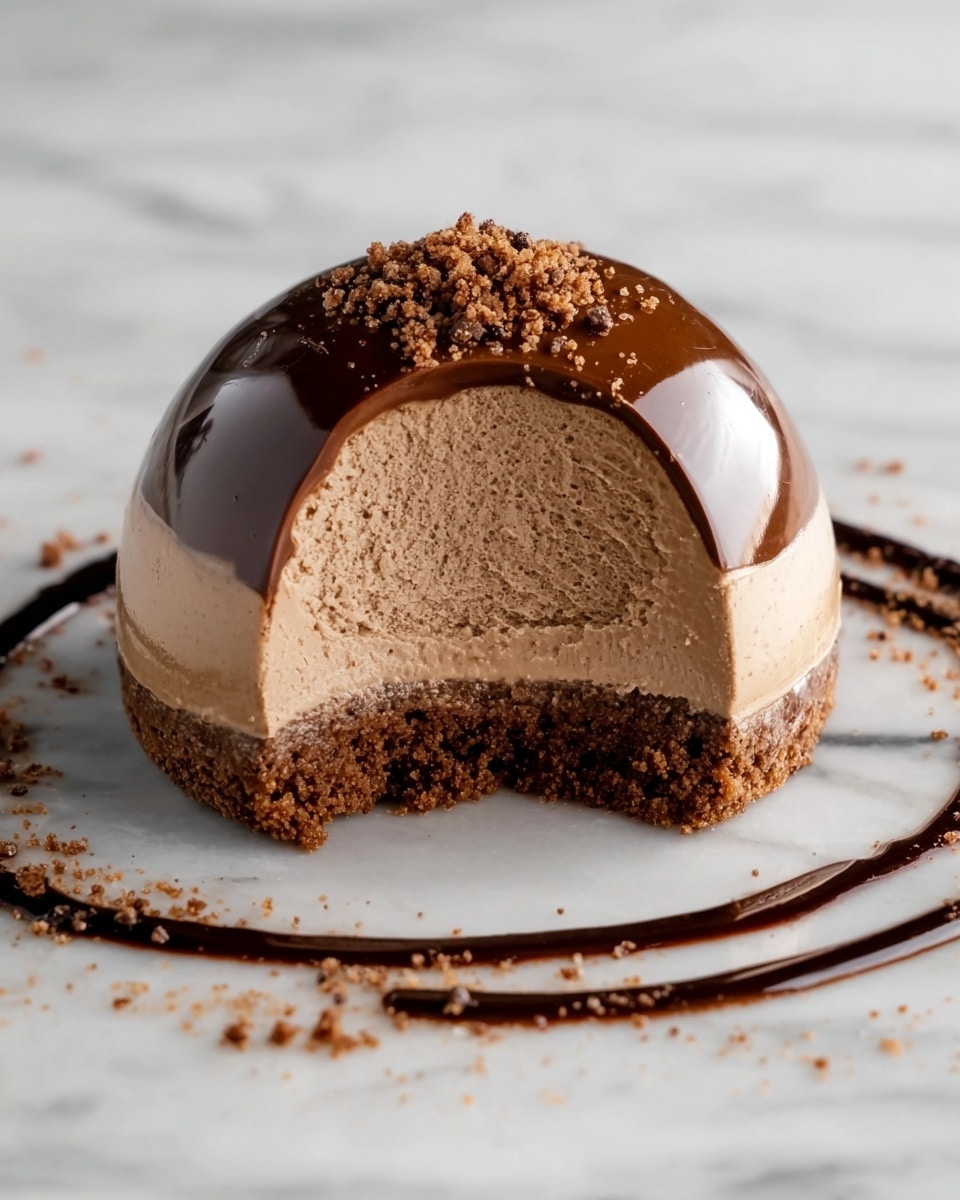 The image shows a dome-shaped chocolate mousse dessert with three visible layers on a white marbled surface. The bottom layer is a dark brown, crumbly cookie base. The middle layer is a lighter brown, creamy mousse with a smooth, soft texture. The top layer is a glossy, darker brown chocolate glaze, partially broken to show the mousse underneath. Around the dessert, there is a ring of dark chocolate sauce with small crumbs scattered on the white marbled surface. Photo taken with an iphone --ar 4:5 --v 7