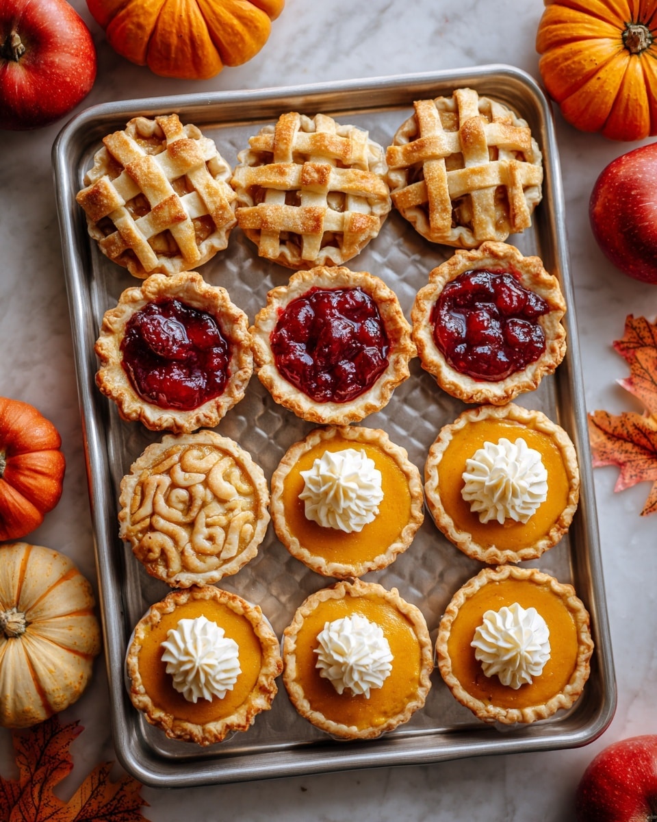 The image shows a metal baking tray filled with 15 small mini pies arranged in three neat rows, each row containing five pies. The left row features mini pies with a light brown lattice crust and a small dollop of white cream on top, while the middle row holds mini pies with a red filling and a decorative light brown lattice crust. The right row contains mini pies with a smooth bright orange filling and a swirl of white cream in the center, edged with a textured light brown crust. The tray sits on a white marbled surface. In the background, there are several small orange and white pumpkins along with red apples and autumn leaves, creating a cozy fall setting. Photo taken with an iphone --ar 4:5 --v 7