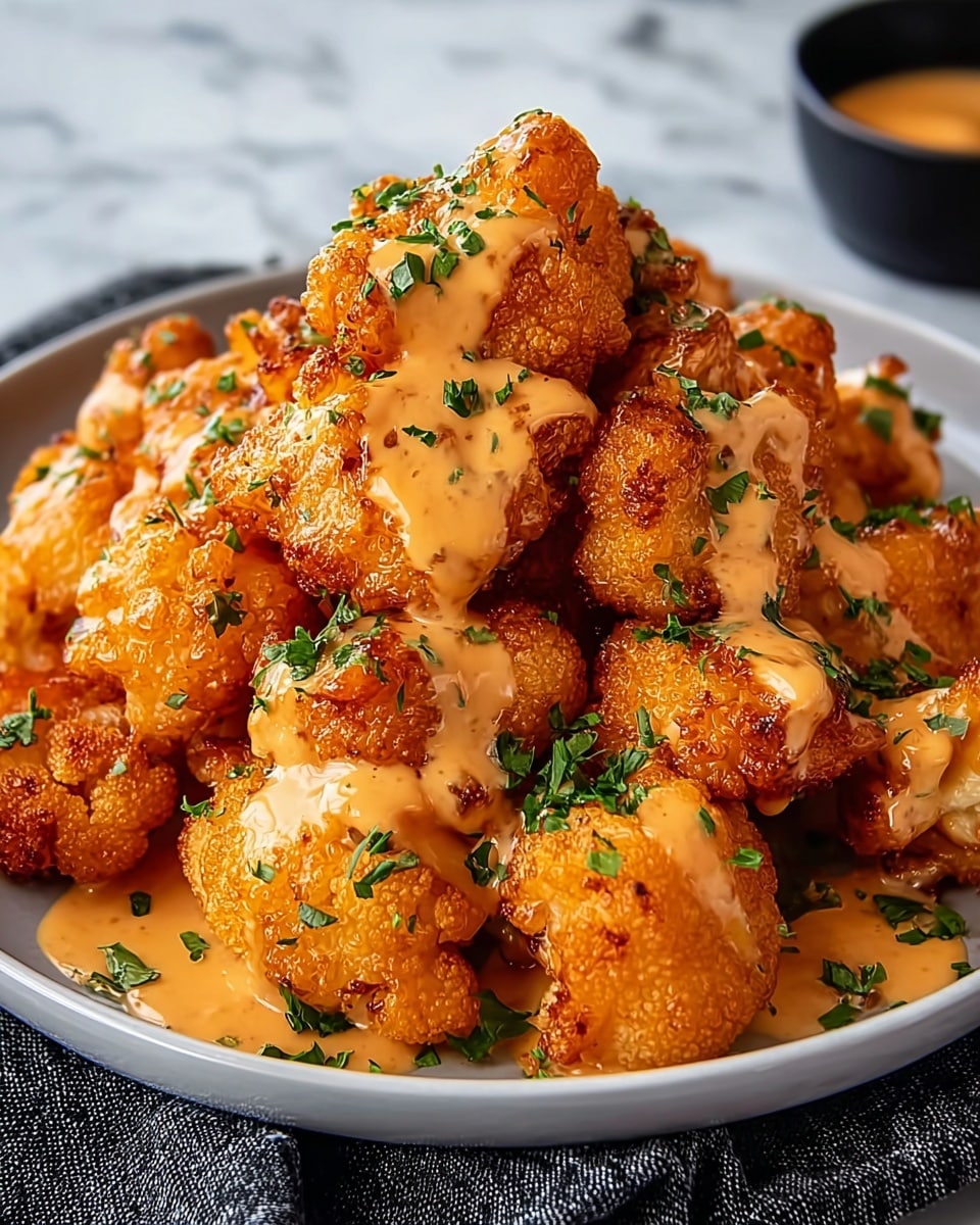 A close-up of crispy fried cauliflower pieces piled high on a white plate, each piece coated with a thick, creamy orange sauce that glistens under the light. The cauliflower has a crunchy golden-brown texture with slightly rough edges, and the sauce drips unevenly over the top layers. Small bright green chopped herbs are sprinkled generously over the cauliflower, adding a fresh color contrast. The plate rests on a white marbled surface, with a soft black and white cloth partially visible underneath. Photo taken with an iphone --ar 4:5 --v 7