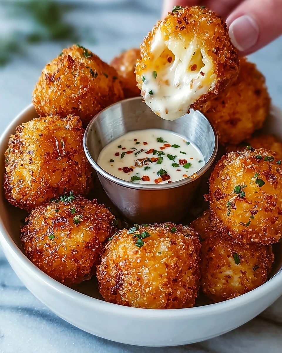 A white bowl filled with round, golden-brown fried cheese bites, each with a crispy textured crust and melted cheese visible inside. The cheese bites are sprinkled with small green herb pieces. In the middle of the bowl is a small metal cup filled with a creamy white dipping sauce that has red pepper flakes and green herbs mixed in. One cheese bite is held by a woman's hand above the bowl, half dipped in the sauce, showing gooey melted cheese inside. The whole scene sits on a white marbled surface. photo taken with an iphone --ar 4:5 --v 7