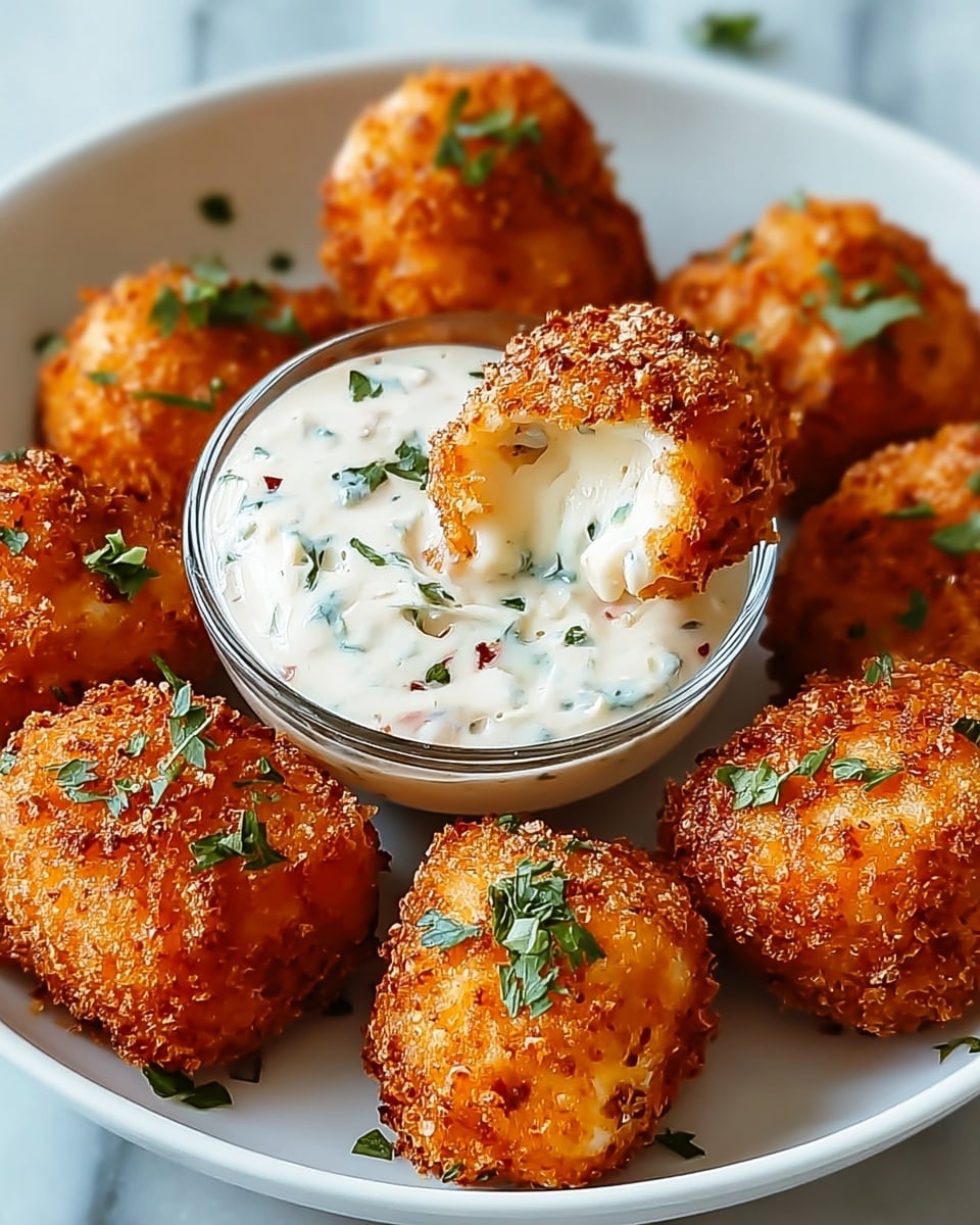 A white round dish holds seven golden brown fried cheese bites, each with a crispy textured surface and sprinkled with small green parsley leaves. In the center, a small clear glass bowl contains a creamy white dip with visible green herbs and small red bits. One cheese bite is half-dipped in the sauce, showing its soft and gooey white interior with bits of herbs. The whole setup sits on a white marbled surface, creating a clean and bright background. photo taken with an iphone --ar 4:5 --v 7