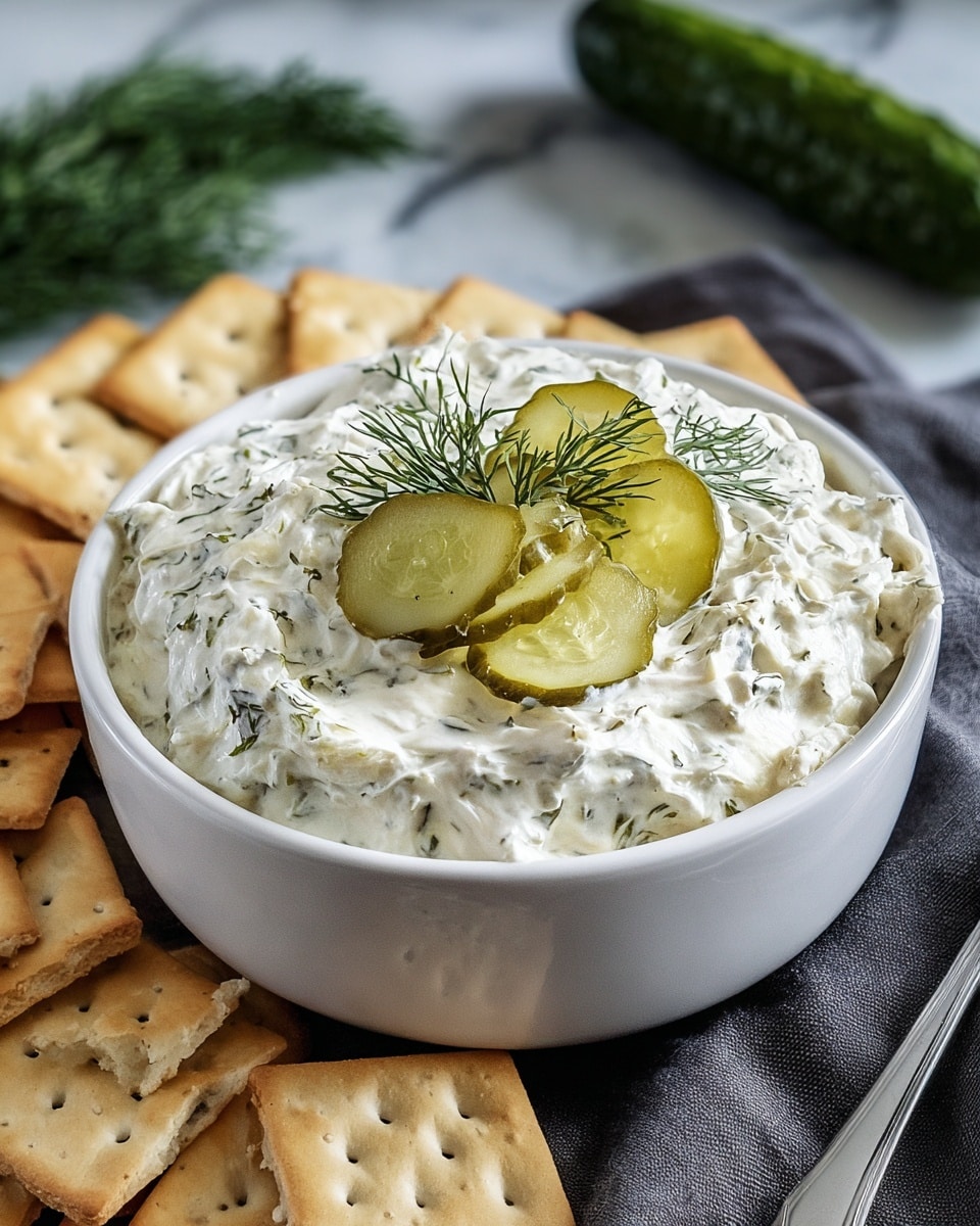 A white bowl filled with a thick cream-colored dip speckled with green herbs, topped with a small pile of thin, light green pickle slices and garnished with sprigs of fresh dill; the dip has a slightly rough texture with visible herb bits throughout. The bowl is placed on a white marbled surface, surrounded by light brown square crackers with small holes on top, and a fresh whole pickle and dill sprigs are visible in the background. A silver spoon lies next to the bowl on a dark gray cloth. photo taken with an iphone --ar 4:5 --v 7