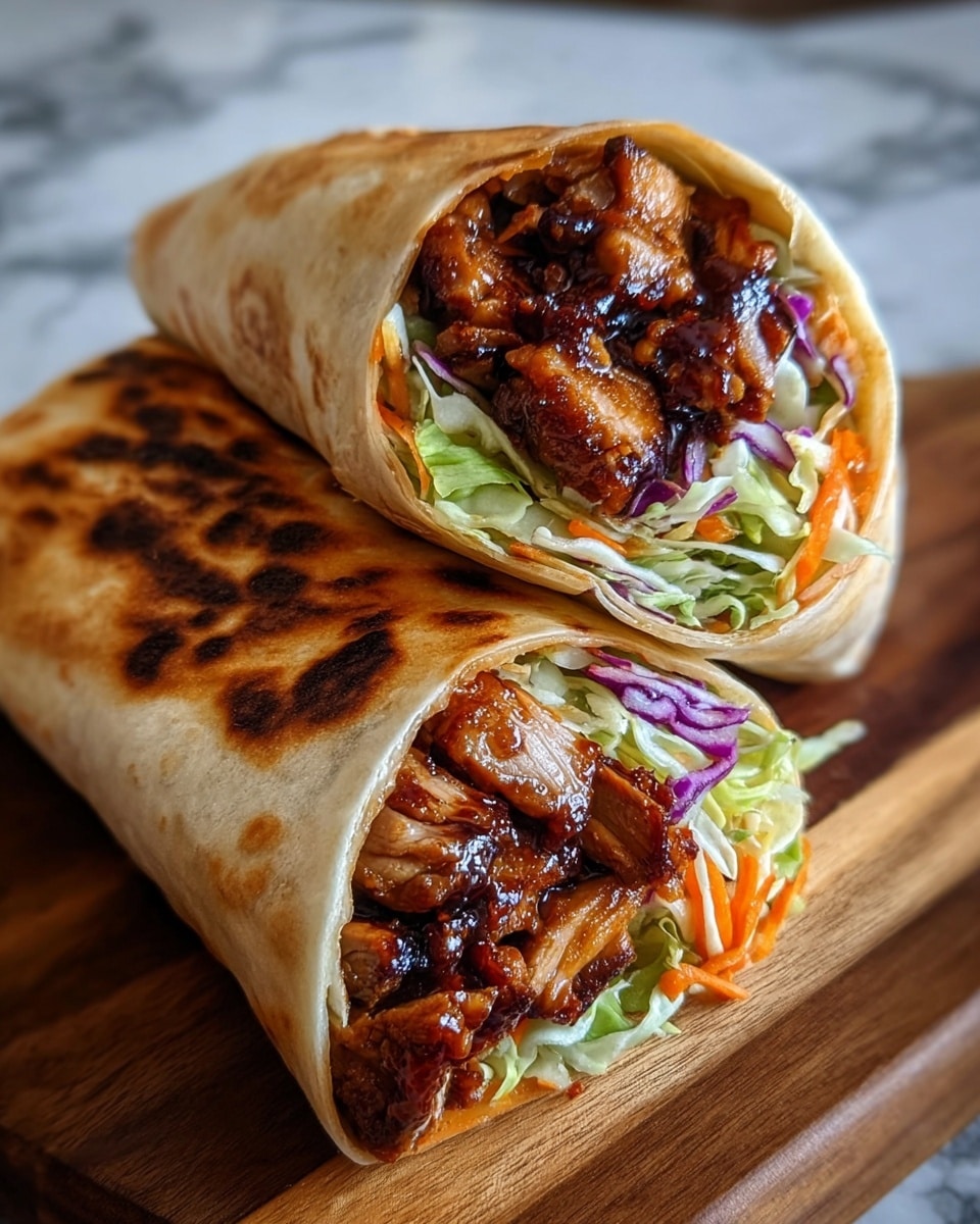 Two halves of a wrap are placed on a wooden board, each cut to show the filling inside. The outer layer is a toasted, light golden brown tortilla with darker toasted spots. Inside, the first layer is juicy, dark brown grilled chicken pieces with a shiny glaze. Above the chicken, there is a mix of shredded fresh lettuce, purple cabbage, and thin orange carrot strips. The wrap is tightly packed, with the vegetables adding a fresh, crunchy texture and colorful contrast to the warm chicken. The background shows a white marbled texture. Photo taken with an iphone --ar 4:5 --v 7