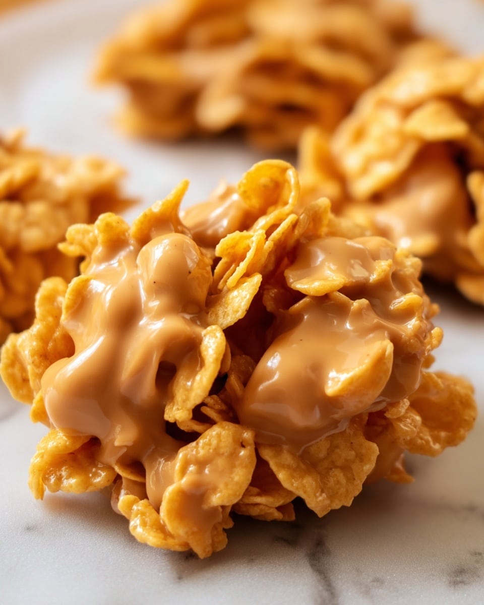 A close-up of a cluster made of flat, golden corn flakes coated in smooth, light brown peanut butter. The corn flakes are layered irregularly, some overlapping each other, creating a rough texture, with the peanut butter dripping slightly over the edges and filling the small gaps between the flakes. The cluster is sitting on a white marbled surface with another similar cluster blurred in the background. The focus is sharp on the front cluster, showing the detailed texture of both the crunchy flakes and creamy peanut butter. photo taken with an iphone --ar 4:5 --v 7