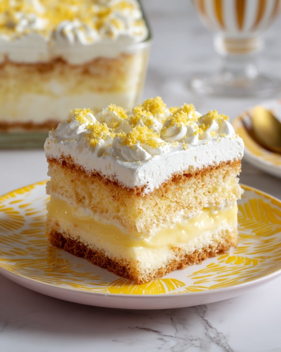 The image shows a square slice of a layered dessert on a white plate with colorful blue, green, and yellow patterns. The dessert has three layers of soft, light brown sponge or cake, alternating with two thick layers of smooth, pale yellow cream filling. On top, there is a fluffy white whipped cream layer sprinkled with fine yellow crumbs. The background has a white marbled texture, and a glass container with more of the same dessert is blurred behind. photo taken with an iphone --ar 4:5 --v 7