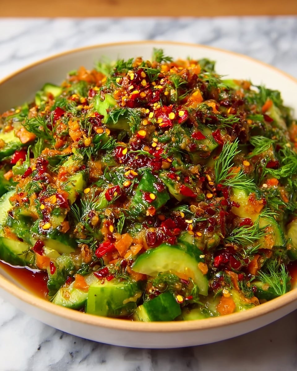 A close-up view of a mixed vegetable salad served in a white bowl with a light tan rim. The dish is full of chopped green cucumbers, sliced red bell peppers, and small orange carrot pieces, all mixed with finely chopped herbs like cilantro and dill, giving it a fresh green texture. The salad is generously topped with a dark red chili sauce dotted with yellow and red chili flakes, adding a glossy and spicy layer on top. The background shows a white marbled surface, enhancing the vibrant colors of the salad. photo taken with an iphone --ar 4:5 --v 7
