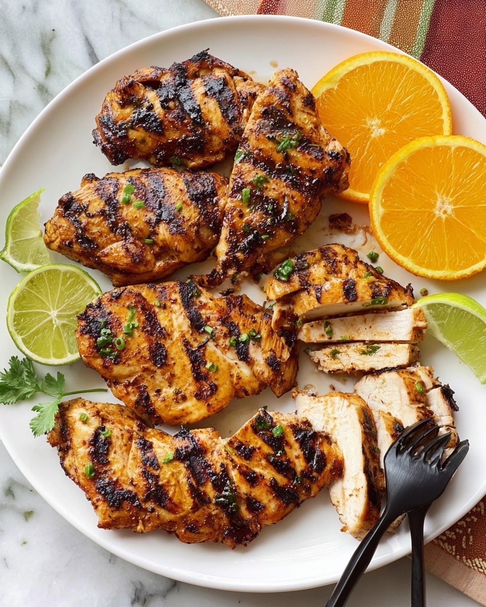 A white plate holds seven pieces of grilled chicken with visible dark grill marks and a golden-brown color, sprinkled with small green herb pieces. Three chicken pieces are sliced to show the juicy, white inside. Two lime wedges are placed near the sliced chicken, adding a fresh green color, and two bright orange slices are positioned on the top right edge of the plate. A black fork touches one of the sliced pieces. The plate is on a white marbled surface. Photo taken with an iphone --ar 4:5 --v 7