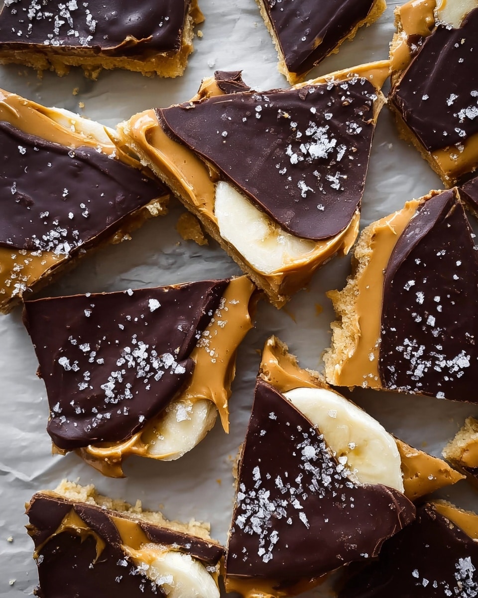 The image shows several pieces of dessert bark broken into uneven square and triangular shapes, laid out on a white marbled textured surface. Each piece has three layers: the bottom is a light golden brown cookie-like base with a crumbly texture, the middle is a creamy tan peanut butter layer, and the top is a smooth dark chocolate layer with a glossy finish. Some pieces have slices of white banana peeking out beneath the chocolate. Flaky white sea salt is sprinkled unevenly over the surface of the chocolate layer, adding contrast and texture. photo taken with an iphone --ar 4:5 --v 7