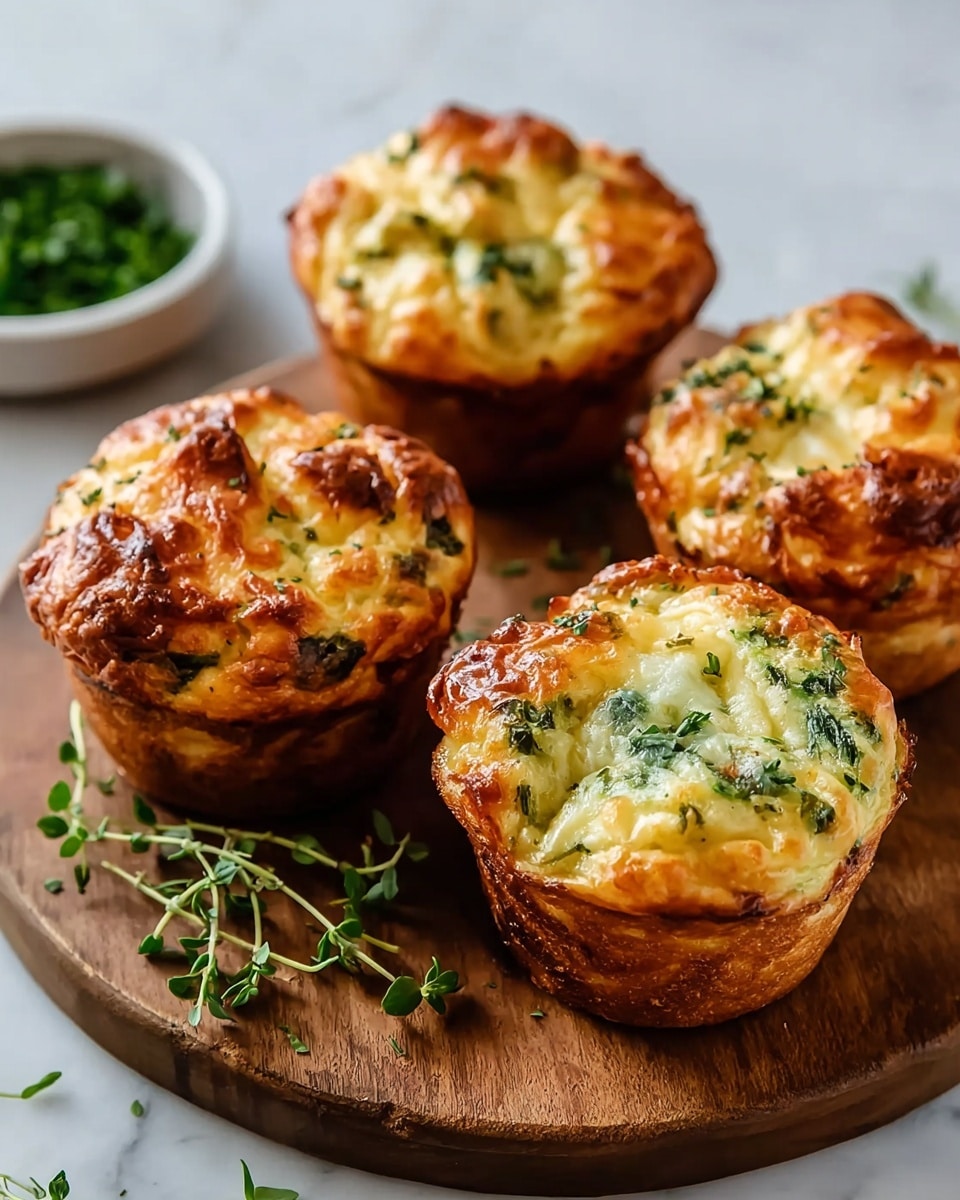 Four muffins sit on a round wooden board placed on a white marbled surface. Each muffin has one layer with a golden-brown top that is crusty and uneven, showing baked cheese and bits of green herbs mixed inside. The muffins have a soft, slightly risen texture with visible green leafy pieces throughout. Small sprigs of fresh herb are placed near the muffins on the board, adding a touch of green to the warm tones. Photo taken with an iphone --ar 4:5 --v 7