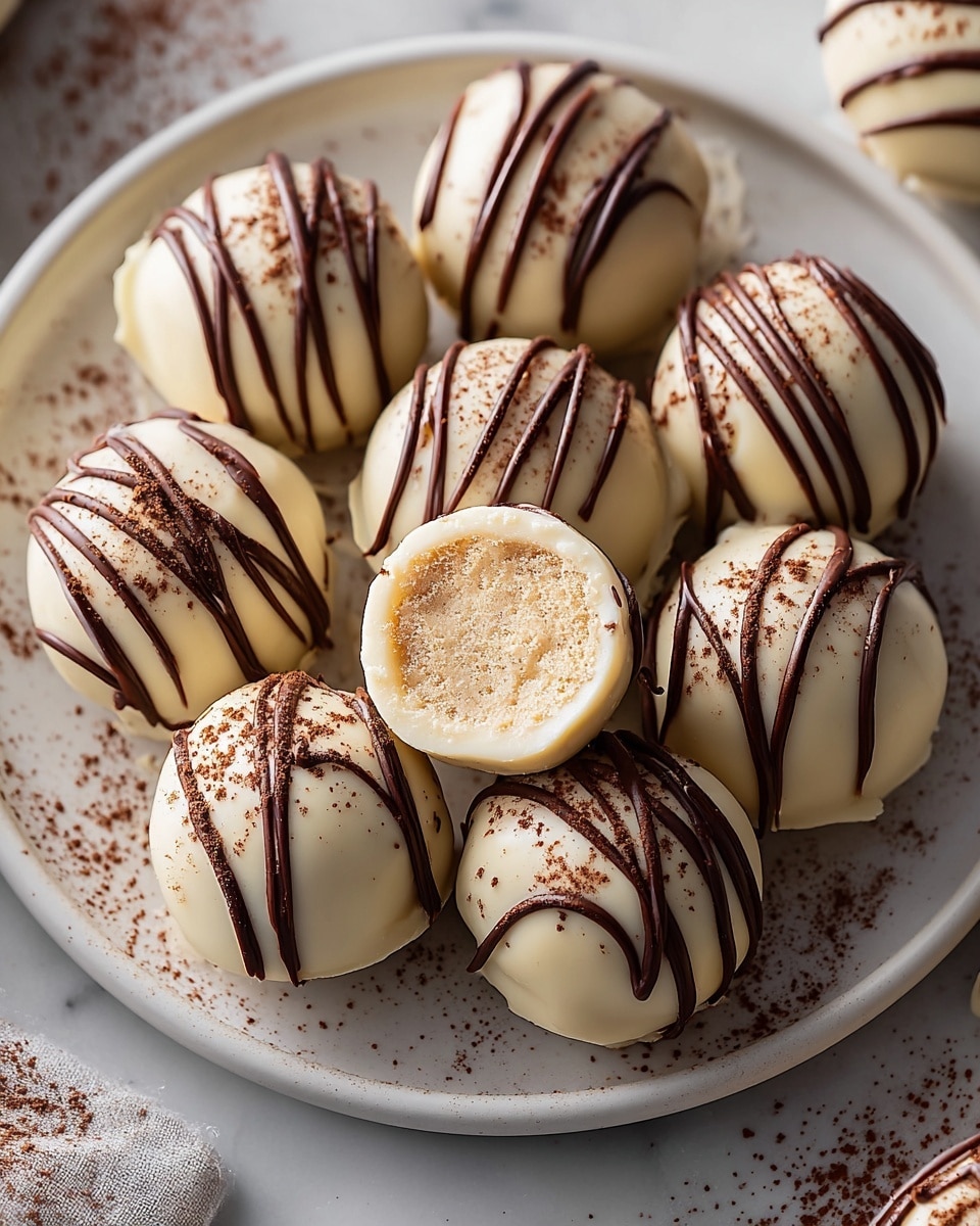 A white round plate holds about a dozen smooth white chocolate truffles, each decorated with thin, dark chocolate stripes crisscrossing the surface. One truffle is cut in half and placed in the center, showing a creamy, light beige filling dusted with cocoa powder inside. The plate is set on a white marbled surface with a few cocoa powder sprinkles around. The overall feel is soft and inviting with a close-up focus on the truffles’ texture and shiny finish. Photo taken with an iphone --ar 4:5 --v 7