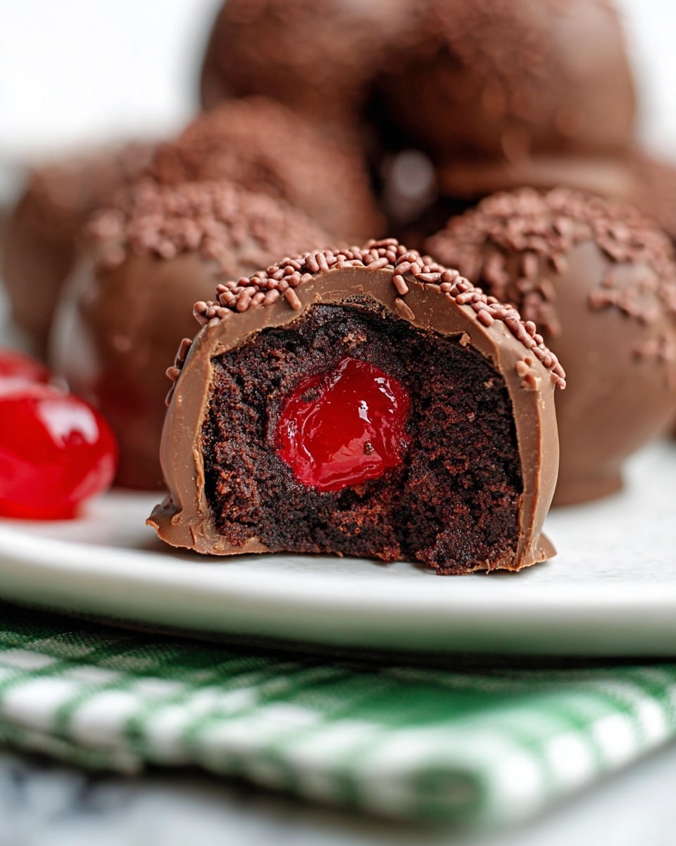 A close-up of a chocolate truffle cut in half showing three layers: the outer layer is smooth milk chocolate covered with small chocolate sprinkles; the middle layer is a dense, dark chocolate brownie texture with a slightly crumbly look; the center has a bright red, shiny cherry that is juicy and soft. The truffle is placed on a white plate, with more truffles blurred in the background on a white marbled surface, and a green and white checkered cloth partially visible under the plate. photo taken with an iphone --ar 4:5 --v 7