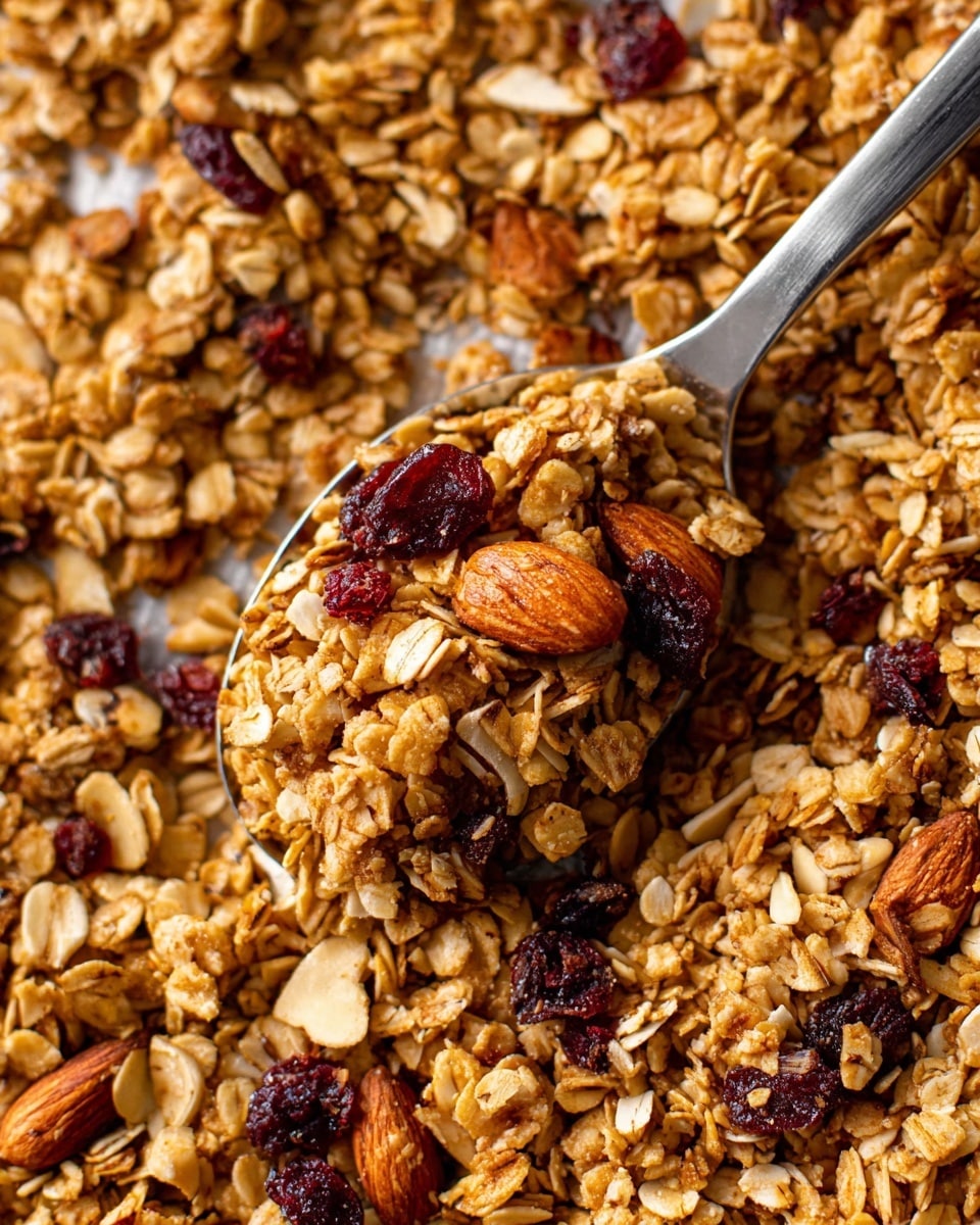 A clear glass bowl filled with golden-brown granola is shown, with visible layers of oats, almonds, pumpkin seeds, and dried cranberries that add dark red and light green colors among the crunchy textured oats. A silver spoon with a white handle is dipped into the bowl, lifting a scoop of granola. The bowl is set on a white marbled surface with a deep magenta cloth softly draped behind it, adding a bright but soft background contrast. photo taken with an iphone --ar 4:5 --v 7