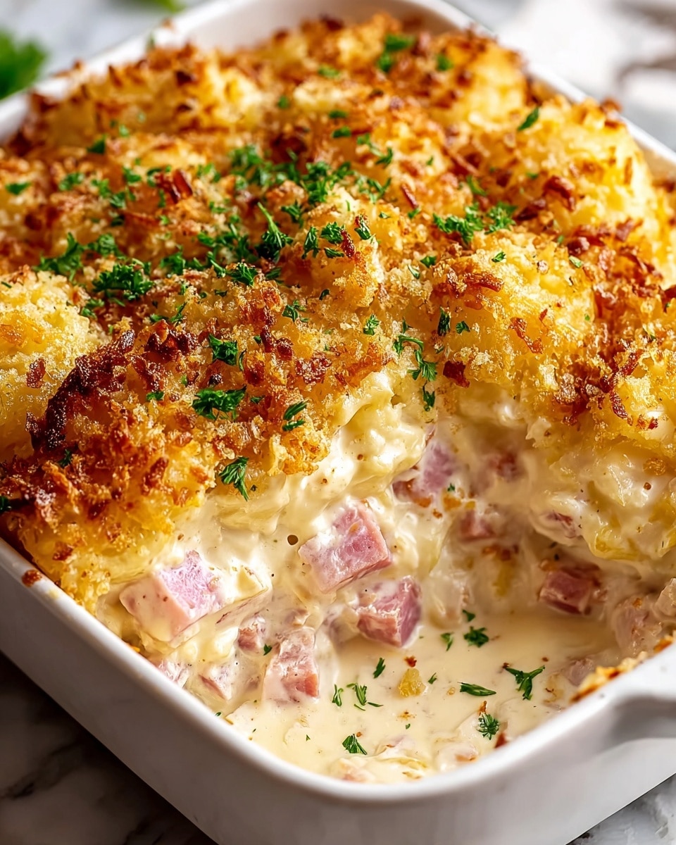 A close-up of a white rectangular baking dish filled with a baked creamy casserole. The top layer is golden brown and crispy with small bits of melted cheese and browned breadcrumbs, sprinkled with fresh green parsley. Below the crunchy top, there is a thick creamy white sauce mixed with chunky pink cubes of ham. The texture looks soft and gooey, with the filling oozing out slightly on the side. The dish sits on a white marbled surface. photo taken with an iphone --ar 4:5 --v 7