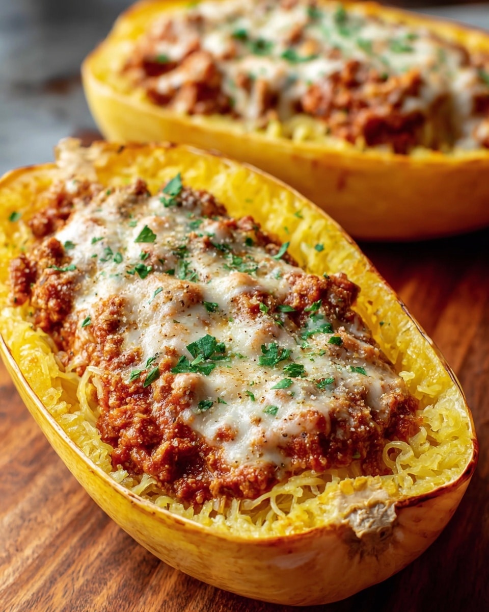 The image shows two halves of a yellow spaghetti squash, each filled with three visible layers: the bottom layer is the bright yellow cooked spaghetti squash strands, the middle layer is a chunky reddish-brown meat sauce with visible ground meat pieces, and the top layer is a melted white cheese sprinkled with green parsley bits and some grated parmesan. The squash halves are placed directly on a wooden surface with a slightly blurred second half in the background. The texture of the squash skin is smooth with slight browning on edges, and cheese has a bubbly, slightly browned look on top. Photo taken with an iphone --ar 4:5 --v 7
