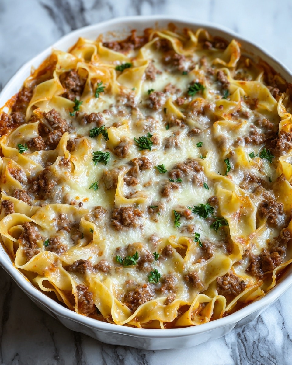 A round white ceramic dish filled with three layers of baked pasta. The bottom layer is wide flat noodles, light yellow and soft. The middle layer consists of browned ground meat, in small chunks scattered evenly. The top layer is melted cheese, golden and bubbly, with small green parsley leaves sprinkled on top for color. The edges of the pasta are slightly crisp and browned. The dish sits on a white marbled surface. photo taken with an iphone --ar 4:5 --v 7