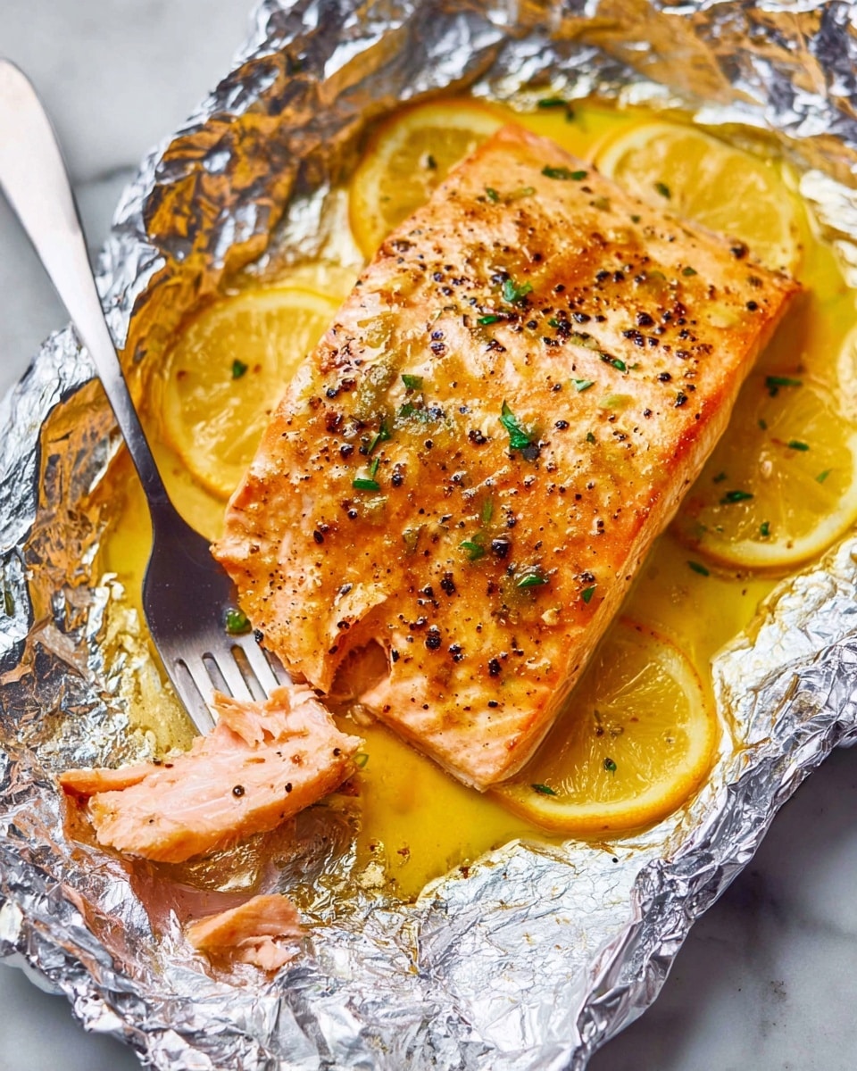 A thick, cooked piece of salmon with a golden brown top layer sprinkled with black pepper and small green herb pieces rests on a crinkled sheet of shiny silver foil. Underneath the salmon, there are several yellow lemon slices that peek out from the sides, sitting in a pool of yellow melted butter or sauce. A fork holds a small flaky chunk of salmon in the bottom left corner, showing the soft pink inside of the fish. The whole scene is on a white marbled surface. photo taken with an iphone --ar 4:5 --v 7