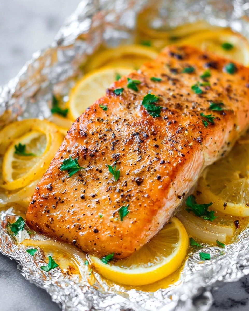 A close-up view of a single piece of cooked salmon with a golden brown, slightly crispy surface sprinkled with black pepper and small green parsley leaves. The salmon rests on a crumpled sheet of foil, surrounded by slices of bright yellow lemon and yellow onion strips that add a soft, glistening texture. The foil has a shiny, reflective silver color, and the whole scene is on a white marbled surface. photo taken with an iphone --ar 4:5 --v 7