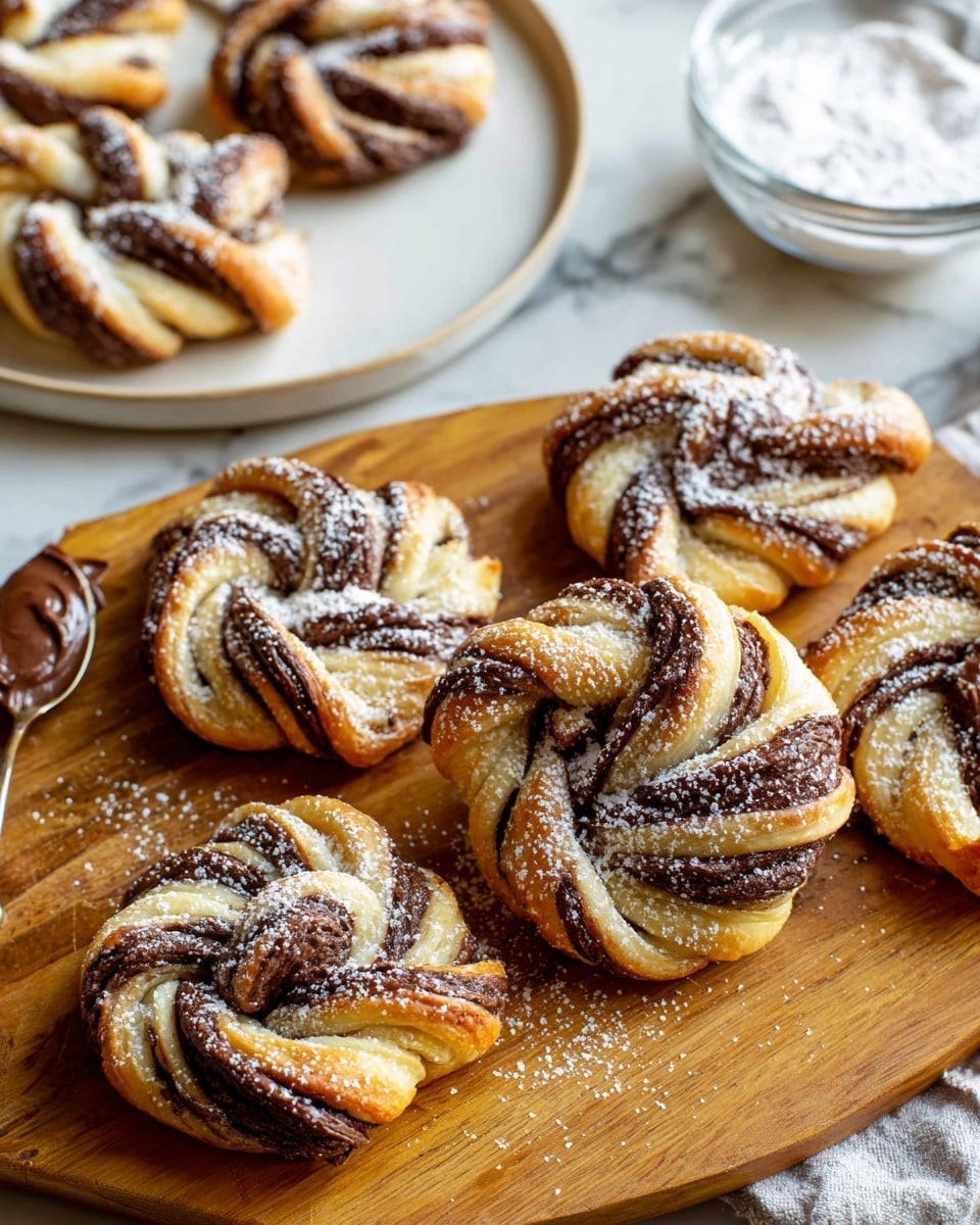 The image shows several twisted pastries with two visible layers: a golden-brown flaky dough layer and a rich, dark chocolate filling layer, swirled tightly together to create a spiral pattern. The pastries are sprinkled lightly with powdered sugar, adding a soft white dusting on top. Five pastries lie directly on a wooden board with a warm, natural tone, and three pastries sit on a round white plate positioned towards the top left. A small metal spoon with chocolate spread rests on the wooden board near the plate, and a clear bowl of powdered sugar is placed to the upper right on the board. The background features a white marbled texture. photo taken with an iphone --ar 4:5 --v 7