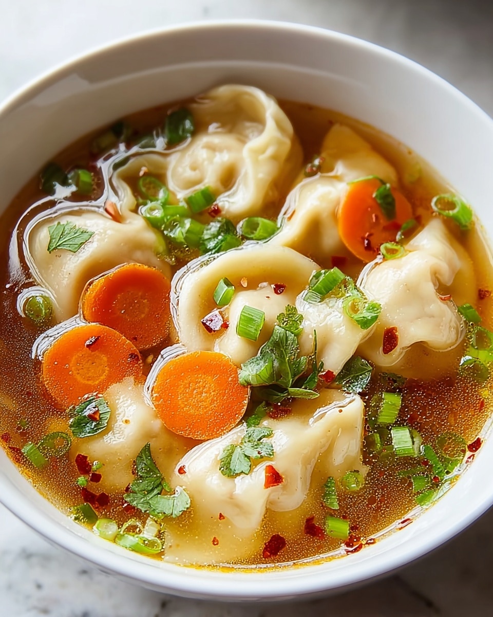 A white bowl filled with clear broth soup containing several light beige dumplings floating near the surface; the dumplings are soft with slightly wrinkled edges and a translucent texture showing some filling inside. There are bright orange carrot slices sitting on top along with chopped green onions and fresh green herbs scattered across, adding contrast to the warm broth. The soup looks light and fresh with tiny red chili flakes sprinkled around for a hint of spice. The bowl is placed on a white marbled texture. photo taken with an iphone --ar 4:5 --v 7
