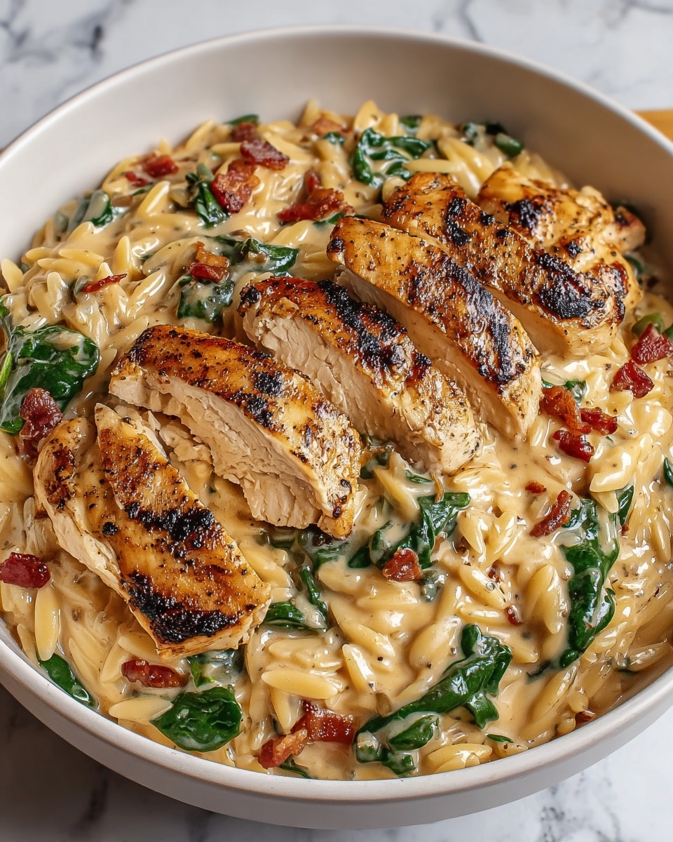 A white bowl filled with creamy orzo pasta mixed with small pieces of dark green spinach and red bacon bits. On top, there are several thick pieces of grilled chicken breast, browned with grill marks and a slightly charred texture. The orzo is coated in a rich, light beige sauce that looks smooth and creamy, covering the layers evenly with some spinach leaves scattered on top. The bowl sits on a white marbled surface. photo taken with an iphone --ar 4:5 --v 7