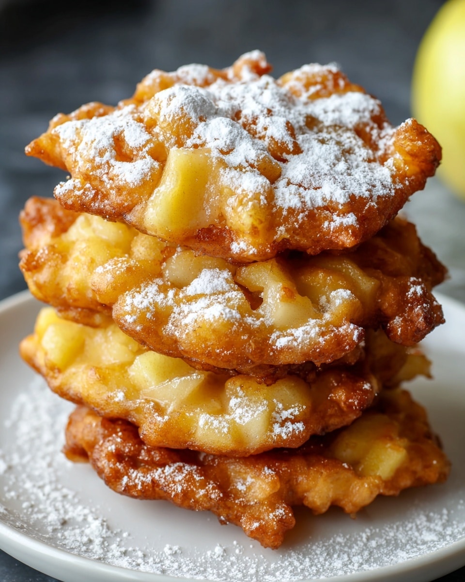 A stack of three golden brown apple fritters sits on a white plate, each fritter showing chunks of soft apple pieces embedded in crispy, textured batter. The fritters have an uneven, wavy edge with a crunchy surface lightly dusted with white powdered sugar, adding a soft contrast to the warm yellow and light brown tones of the fritters. The plate rests on a white marbled texture, with some powdered sugar scattered around the base. photo taken with an iphone --ar 4:5 --v 7