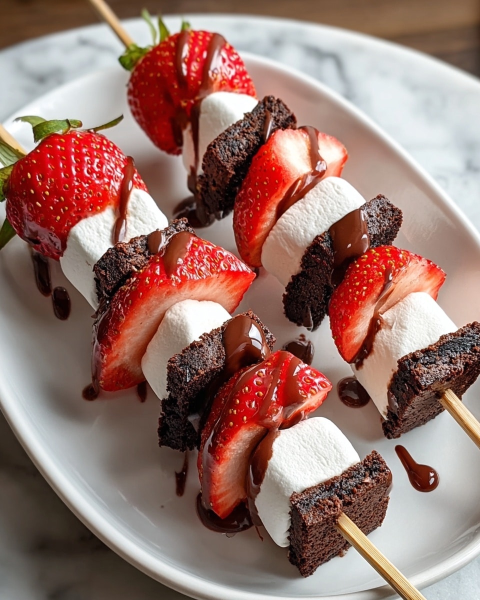 Three wooden skewers are placed on a white oval plate with a white marbled surface beneath. Each skewer has four layers repeated: a bright red halved strawberry with seeds showing, a soft white marshmallow with a smooth texture, a dark brown chocolate brownie cube with a slightly crumbly texture, and another halved strawberry. The strawberry pieces have shiny surfaces with visible seeds, and the marshmallows are coated with glossy melted chocolate drizzled unevenly over them. The skewers are angled diagonally, showing all the colorful layers clearly. Photo taken with an iphone --ar 4:5 --v 7